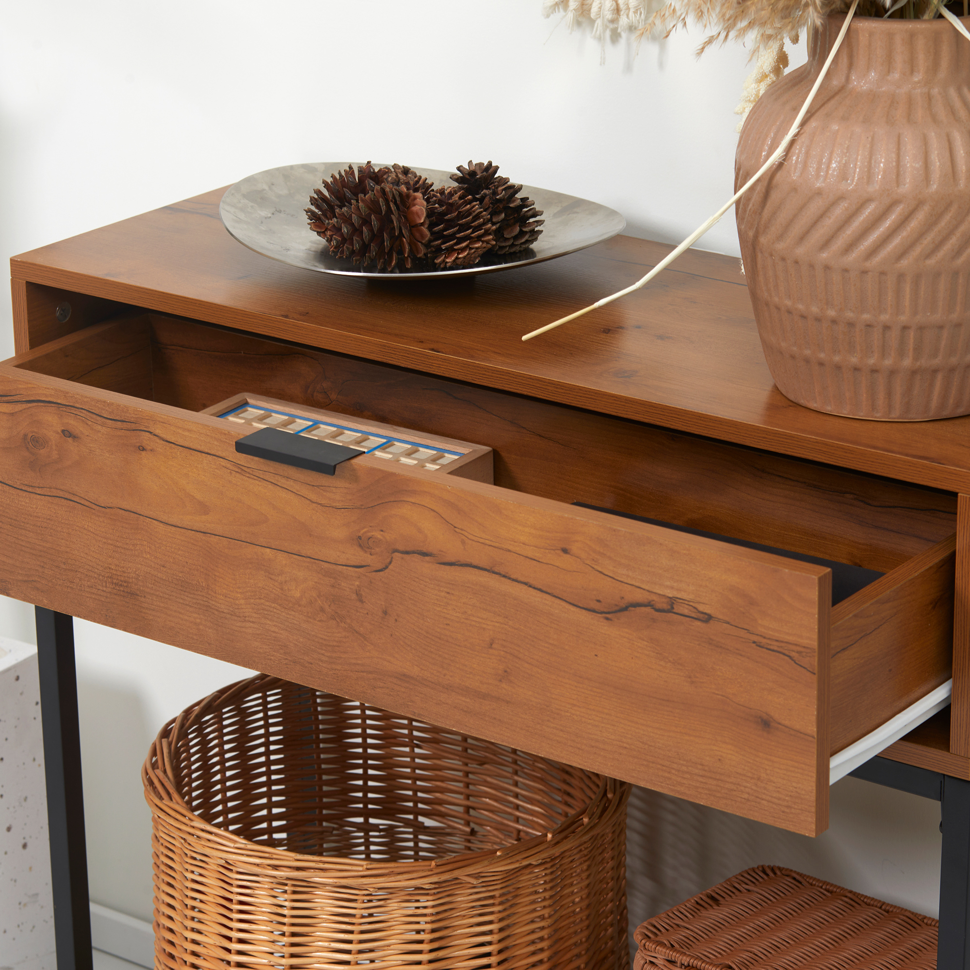 Konsolentisch im Industriedesign, Beistelltisch, Sideboard, 1 Schublade, Braun + Schwarz