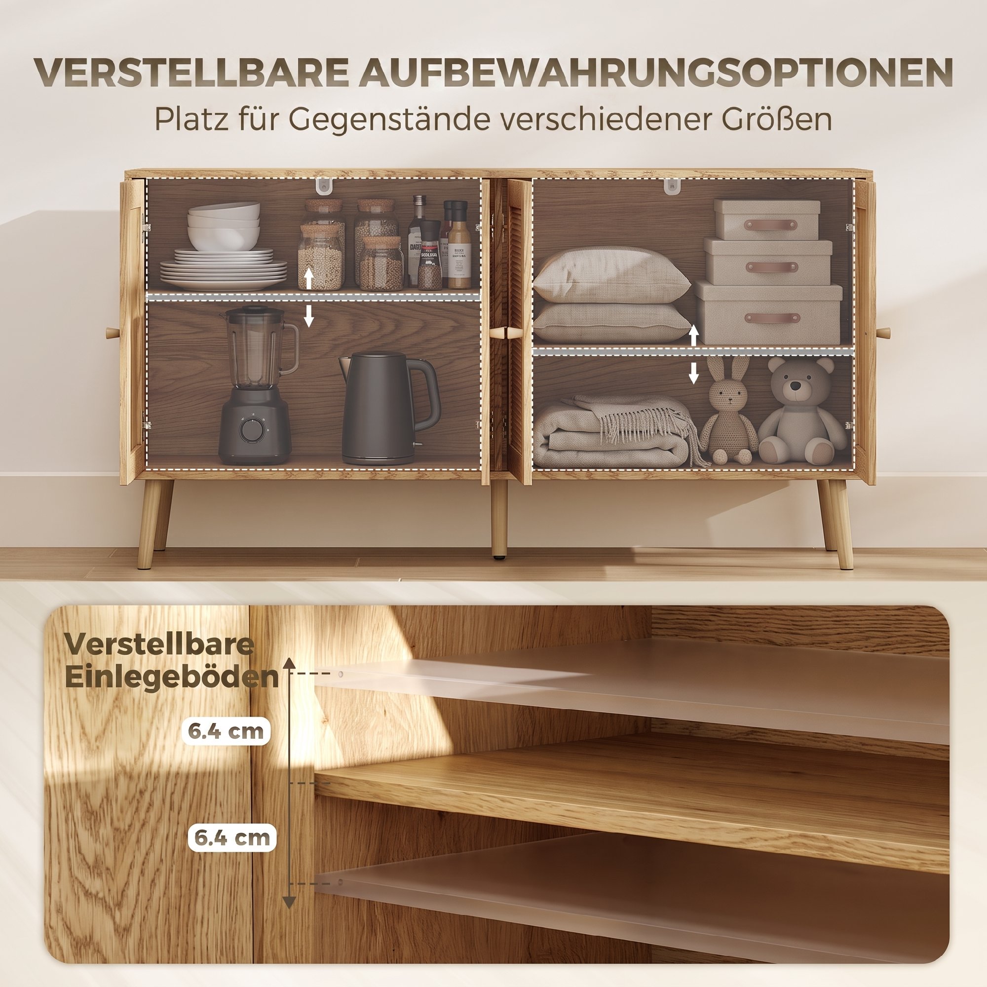 Rattan Sideboard mit 4 Türen, Boho Küchenbuffet mit 2 verstellbaren Einlegeböden, Holzoptik natur