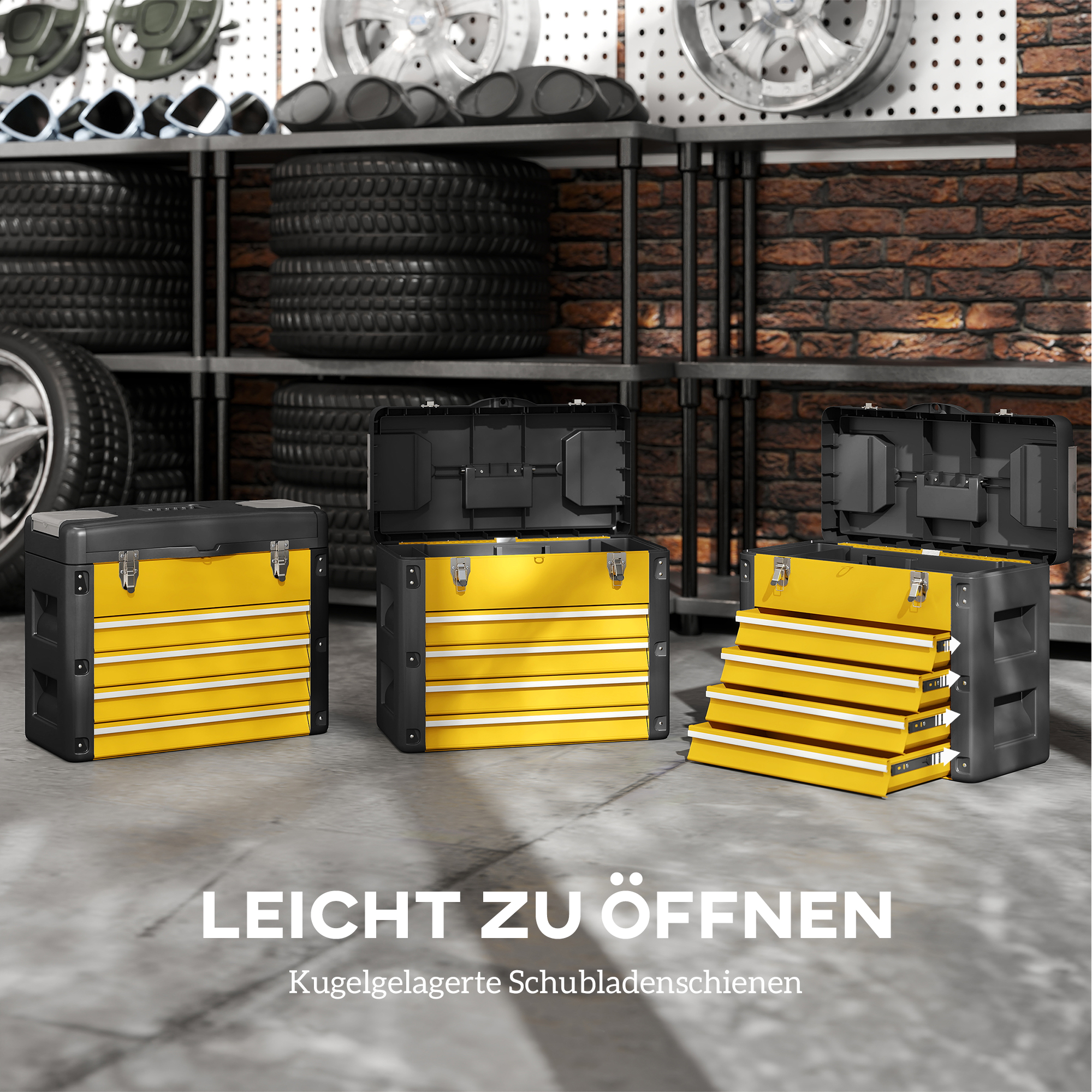 Werkzeugkiste leer, 49,7 x 25,3 x 40,7 cm Werkzeugkasten mit 4 Schubladen, Mini-Box Stahl Gelb