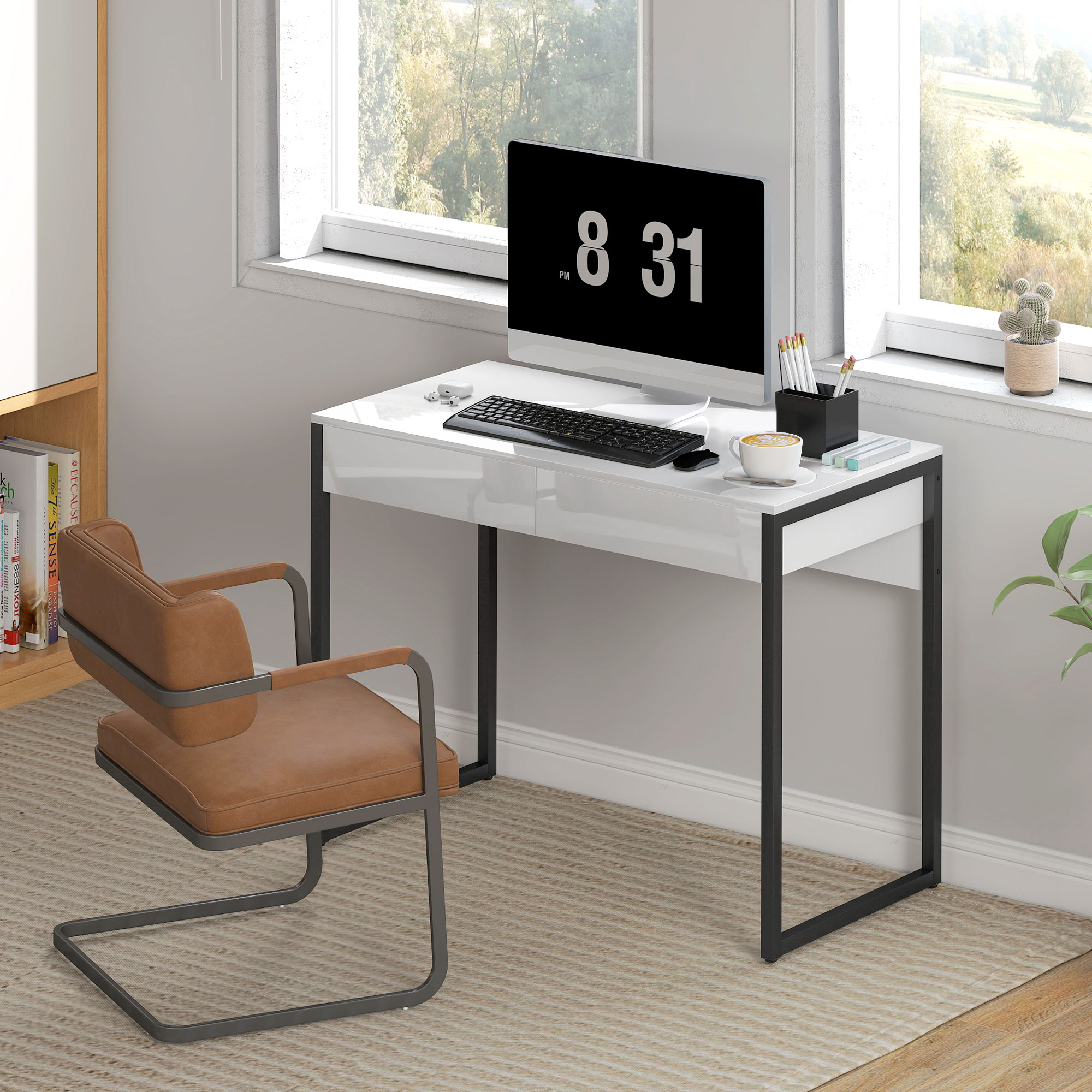 Schreibtisch 100 x 50 cm Computertisch Bürotisch mit 2 Schubladen, für kleine Räume, Schwarz