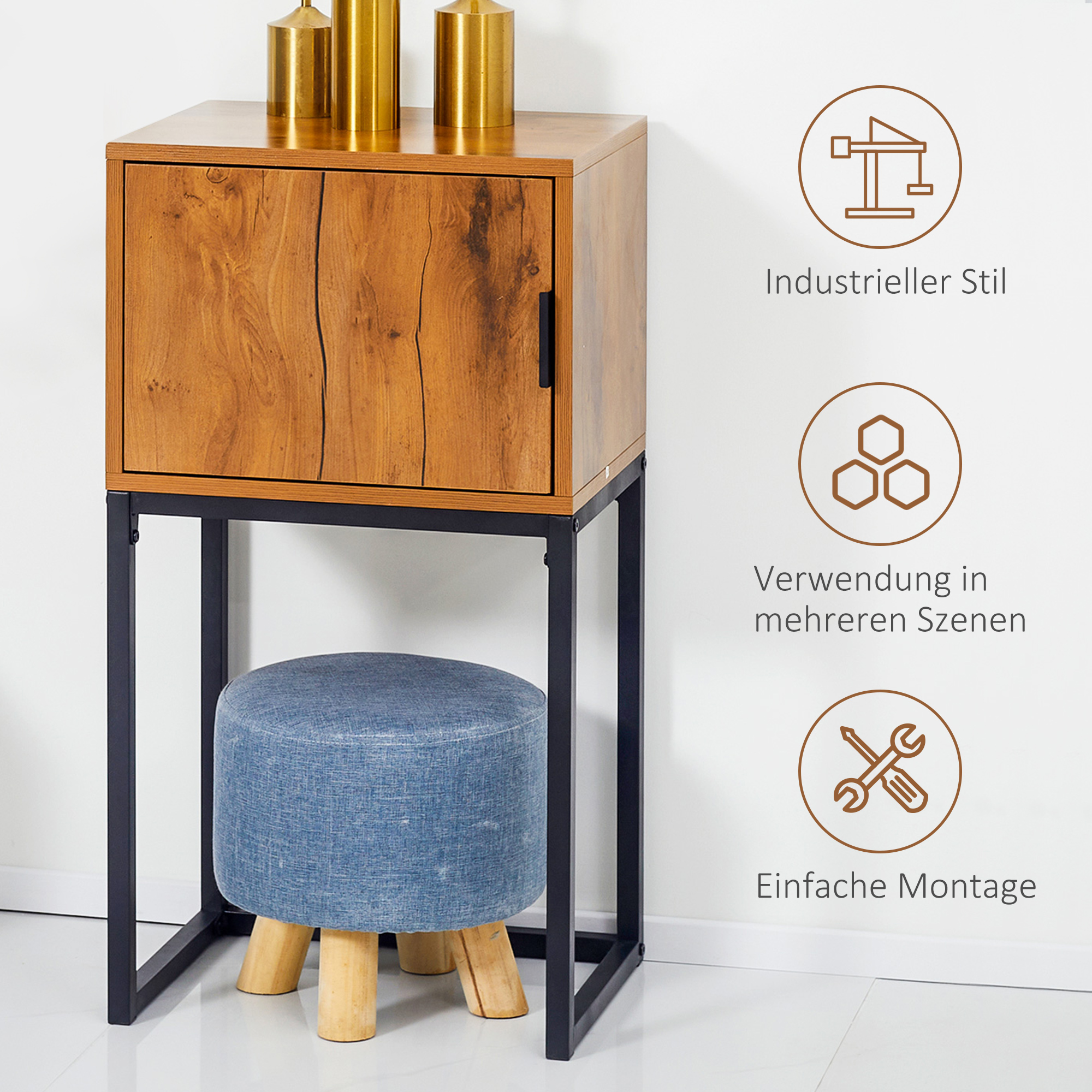 Konsolentisch im Industiriedesign, Beistelltisch, Sideboard, 1 Schrank, Naturholz + Schwarz