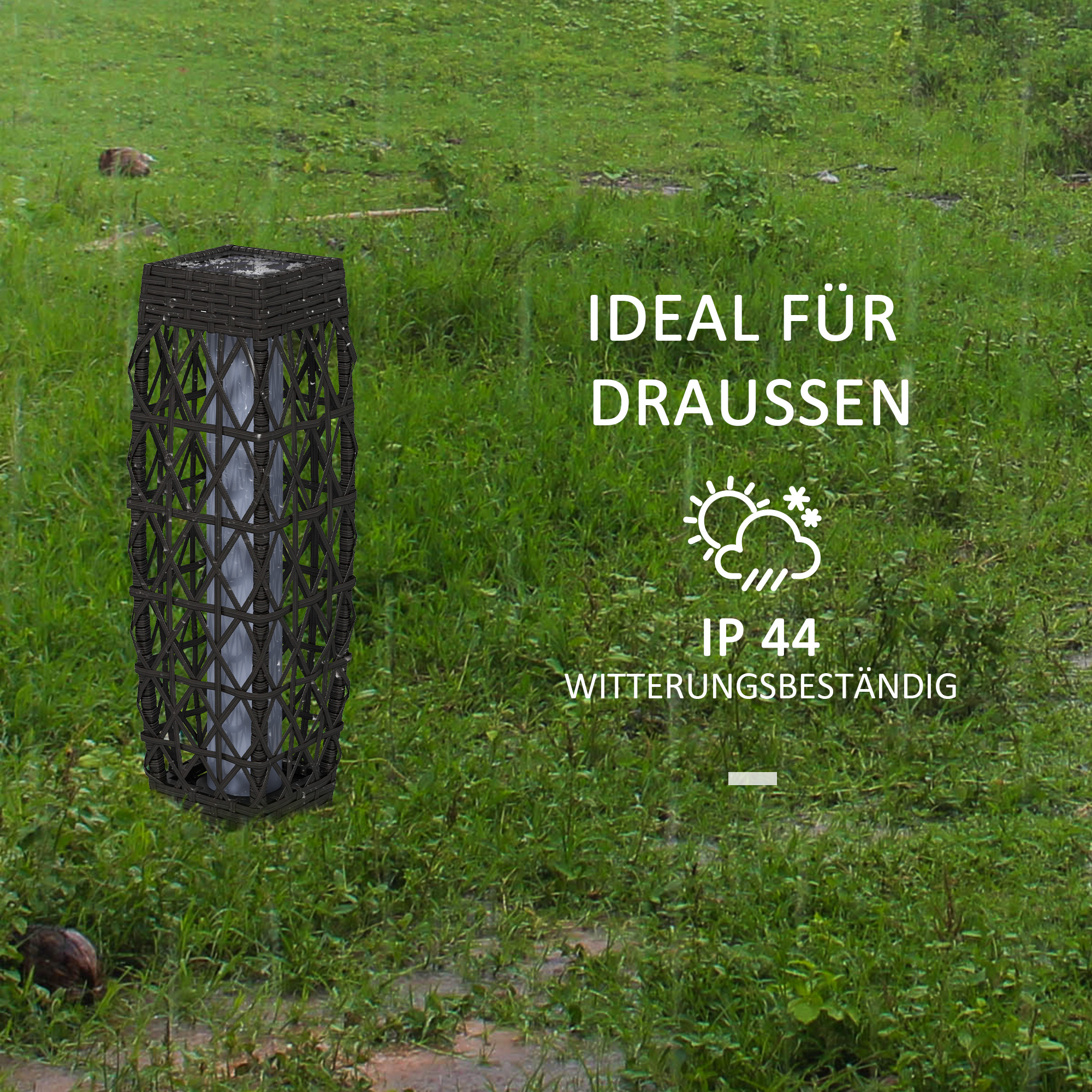 Rattan Außenleuchte, Solar Gartenlampe, Einschaltautomatik, LED, wetterfest, Metallrahmen, 20 x 20 x 68cm, Grau