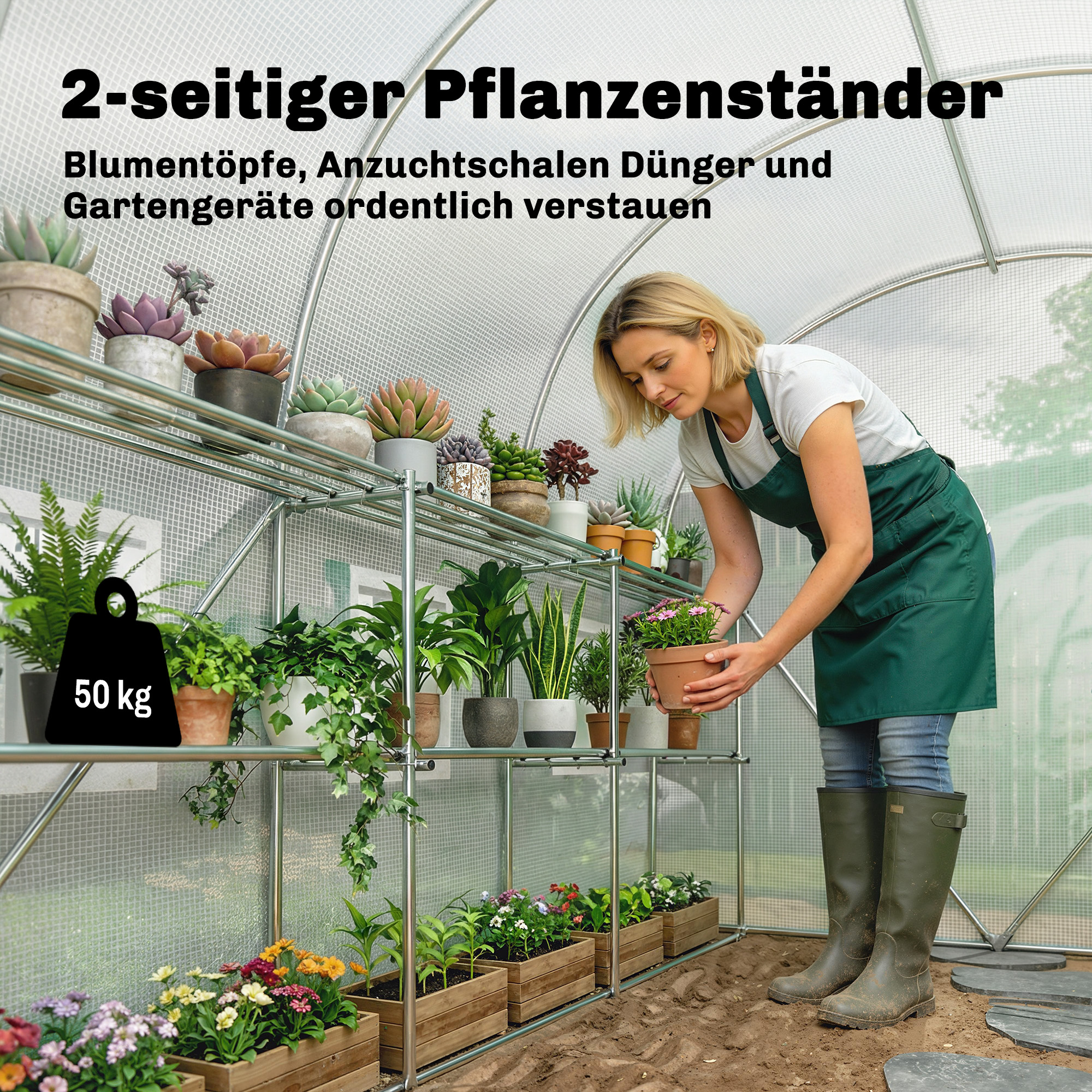 Gewächshaus ca. 2,7 x 2 x 2 m Foliengewächshaus mit Regalen Rollbar Reißverschlusstür 6 Netzfenster Stützstangen