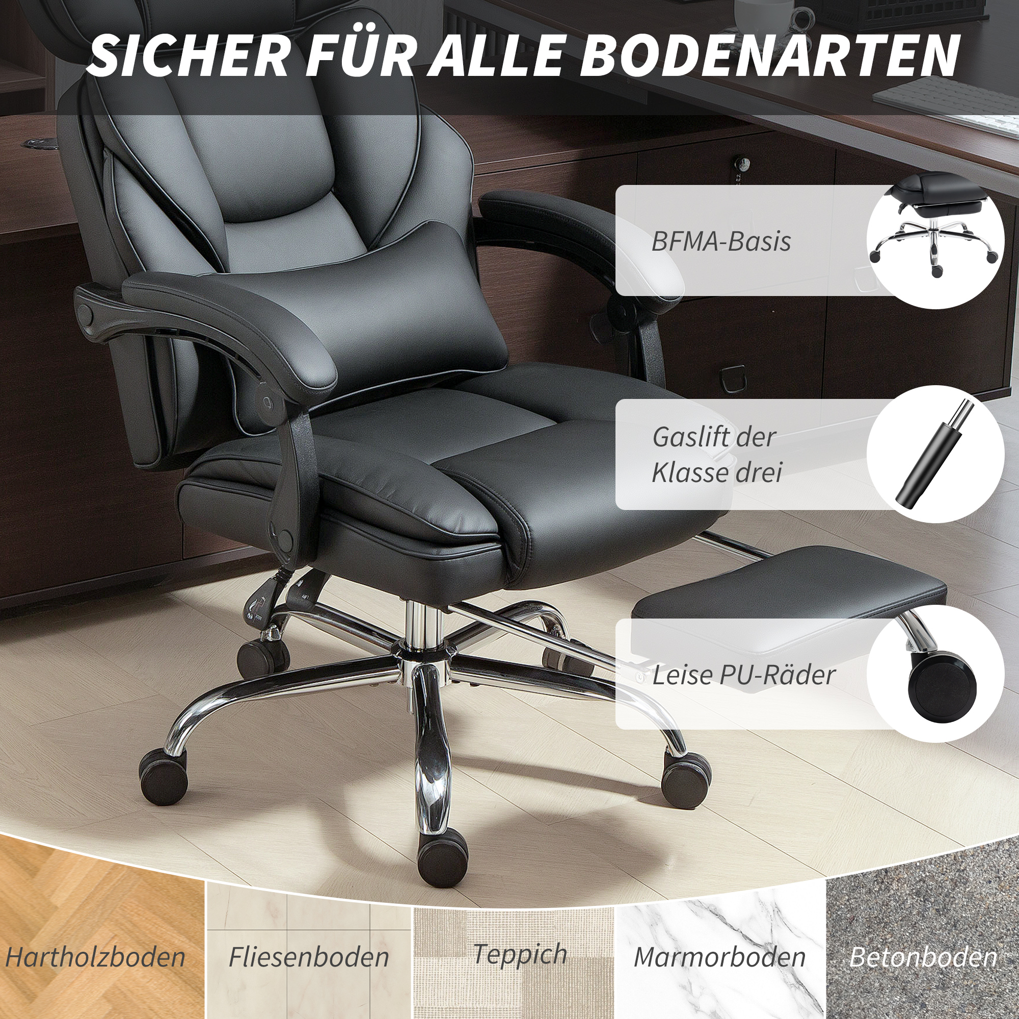 Bürostuhl Ergonomischer Höhenverstellbarer Drehstuhl mit Lendenwirbelstütze, Armlehne, Fußstütze, PU-Leder, Schwarz