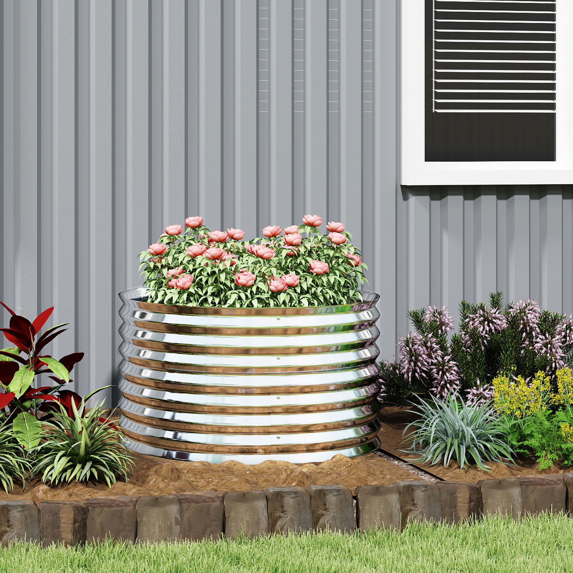 Pflanzkübel, Metall-Blumenkübel mit Sicherheitskante und Handschuhen, offener Boden, 160B x 80T x 56H cm, Grau