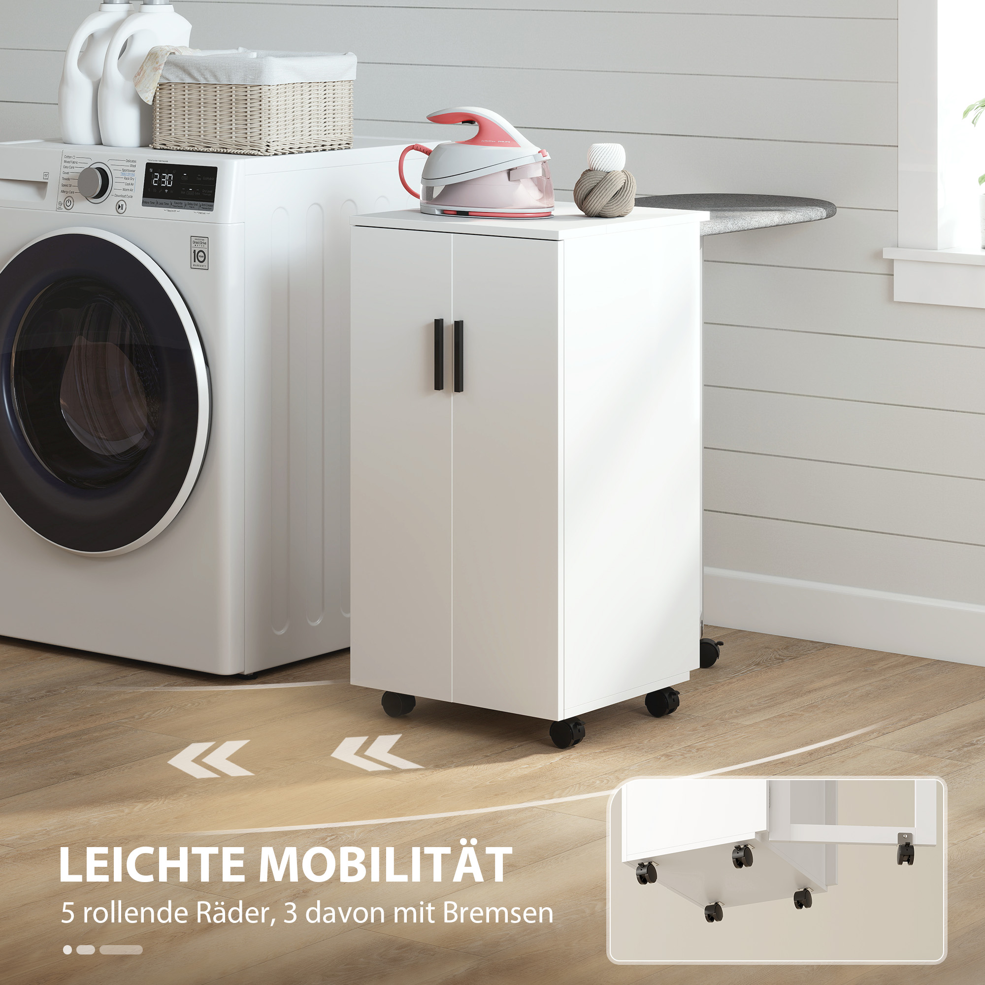 2-in-1 faltbarer Bügelbrettschrank auf Rollen mit Bügelbrett und verstellbarem Regal für kleine Räume, Weiß