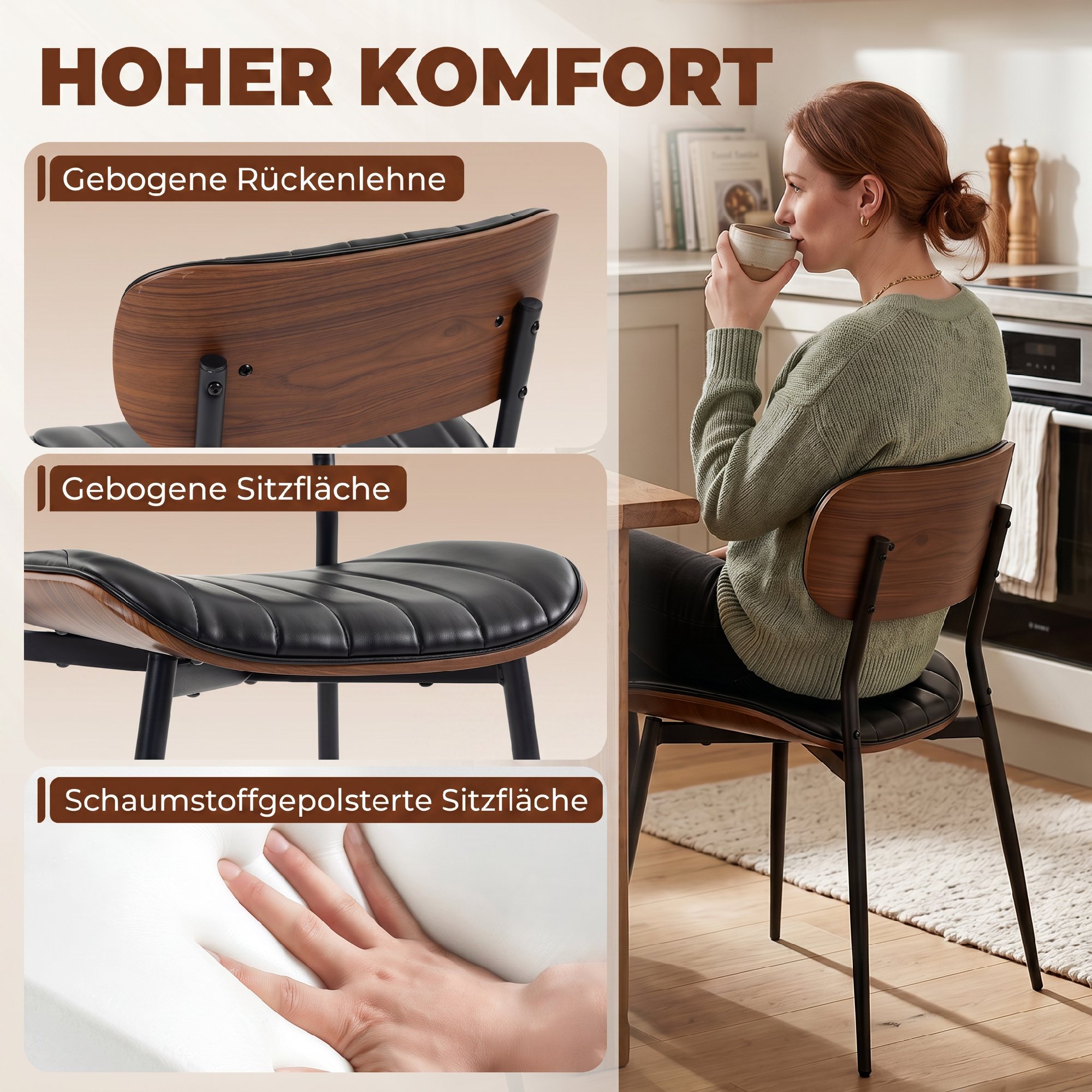 Esszimmerstühle 2er Set Küchenstühle Moderne Polsterstuhl mit Sitzfläche aus Kunstleder, Geschwungener Rückenlehne