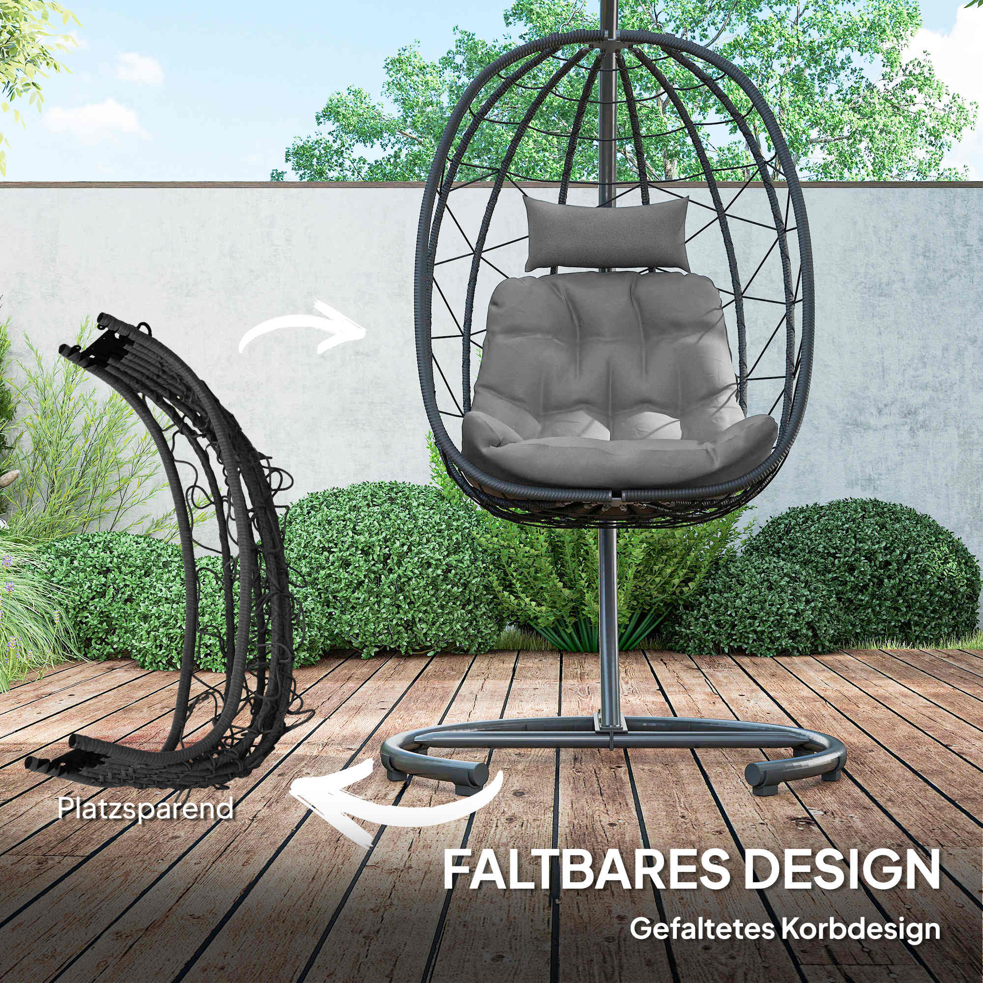Hängesessel Outdoor Hängesessel Egg Chair, wetterbeständig, inkl. Polster, 102 cm x 102 cm x 195 cm, Dunkelgrau