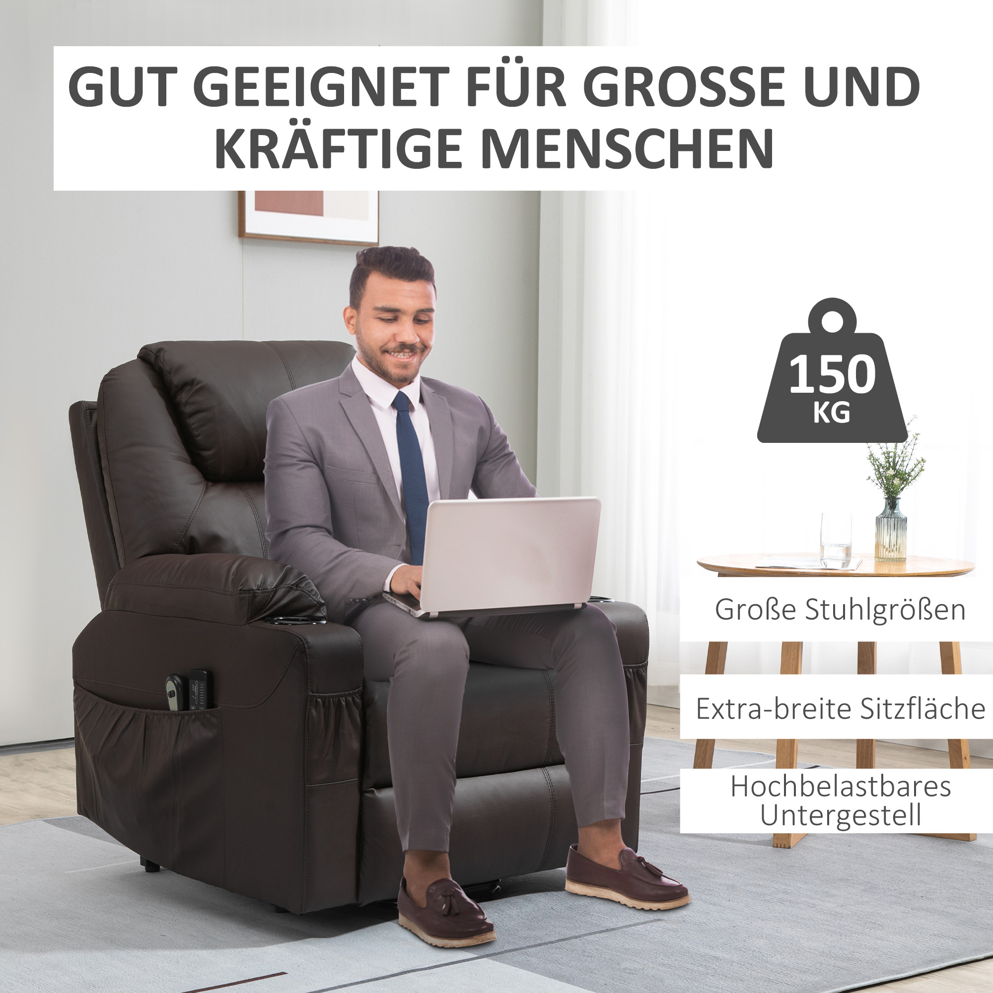 Massagesessel mit Aufstehhilfe, Liegefunktion, Kunstleder, bis 150 kg, 88 x 99 x 106 cm, Braun