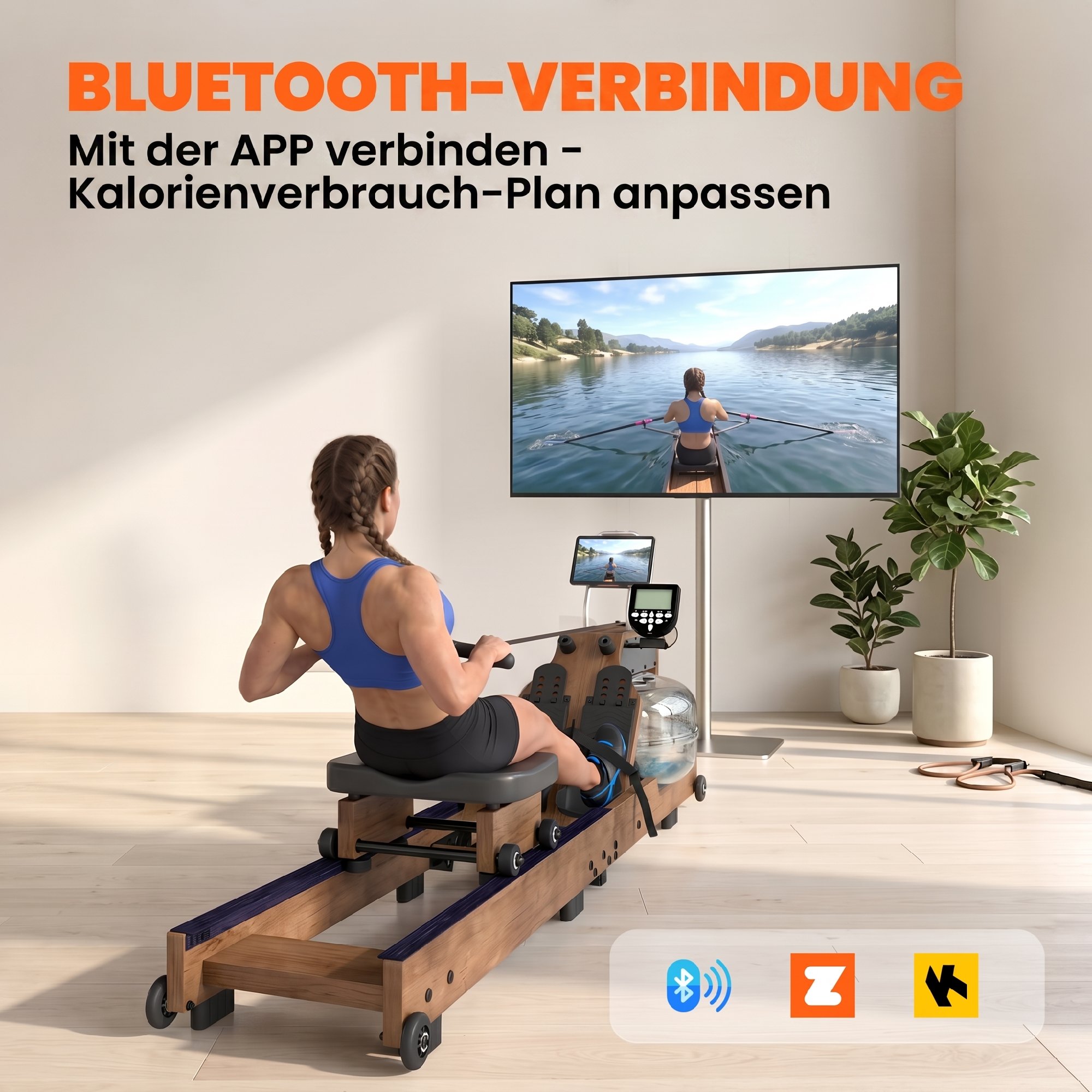 Wasser Rudergerät für Zuhause Gummiholz Klappbar mit Bluetooth APP Doppel-Aluminiumschienen LCD Display bis 158 kg