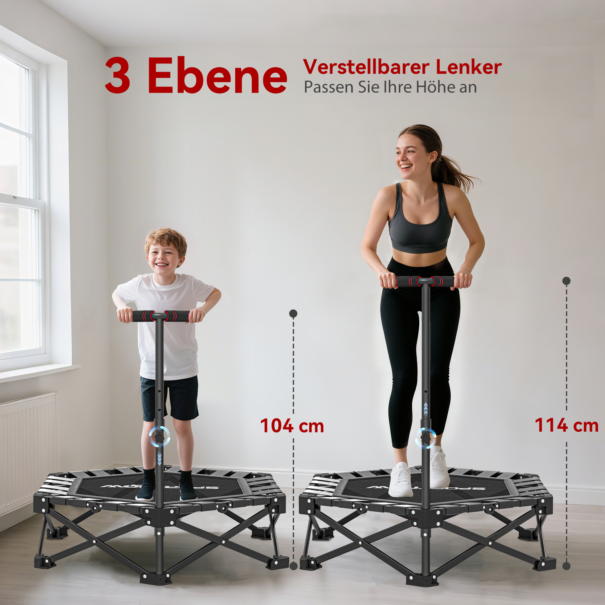 Fitness-Trampolin mit verstellbarem T-Griff, faltbar, Tragetasche, 120 kg Belastbarkeit, Stahl, Kunststoff, Schwarz