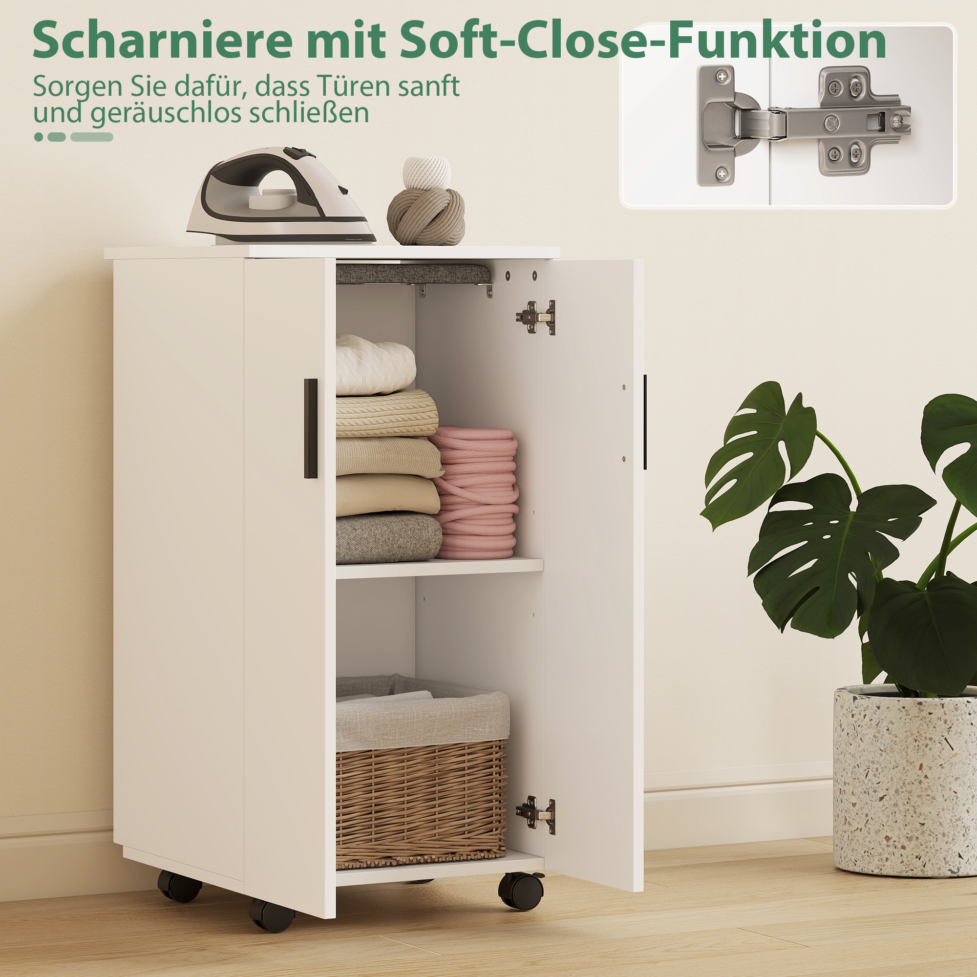 2-in-1 faltbarer Bügelbrettschrank auf Rollen mit Bügelbrett und verstellbarem Regal für kleine Räume, Weiß