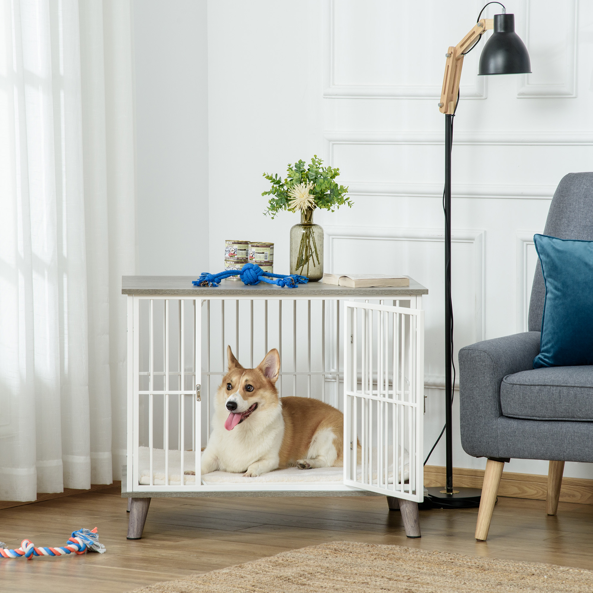 Hundekäfig aus Holz, Hundebox, Transportbox, mit Kissen, 86 cm x 60 cm x 70 cm Holzwerkstoff Stahl Weiß + Grau