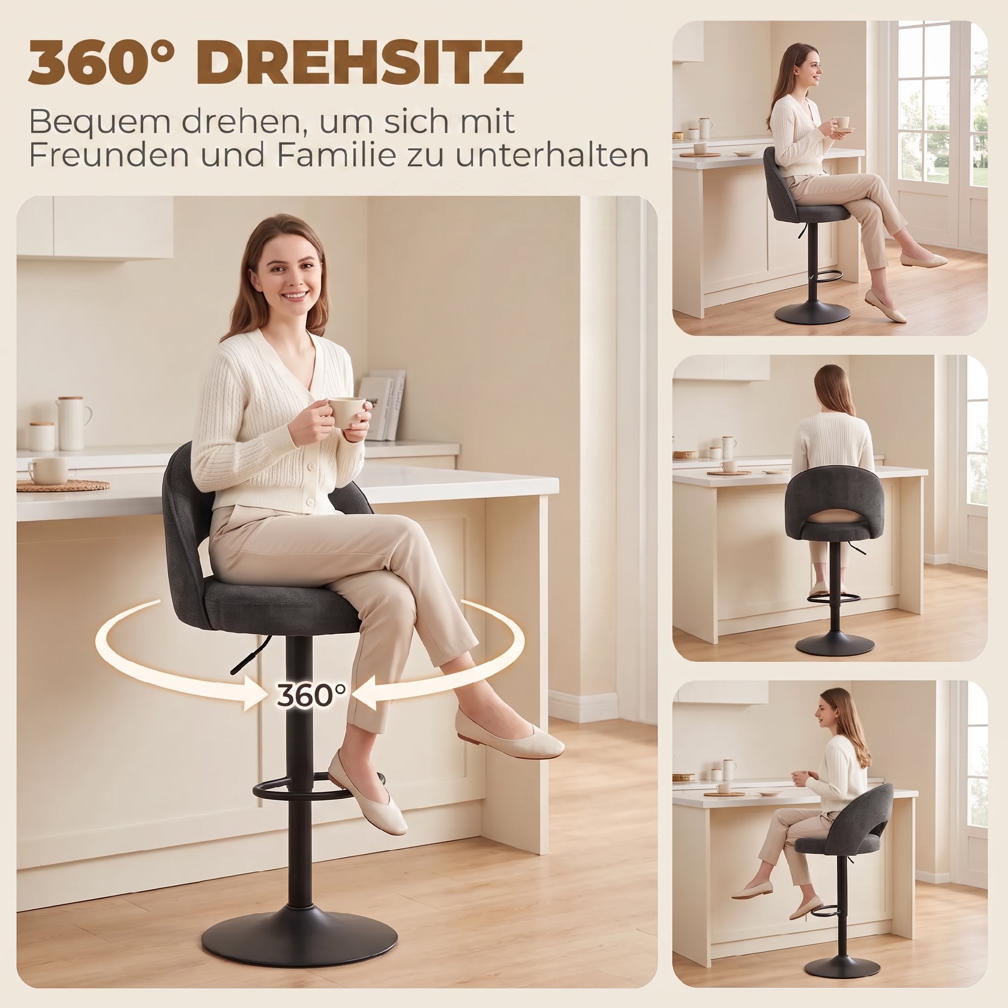 Barhocker 2er-Set, höhenverstellbar und drehbar, für Theke, Dunkelgrau