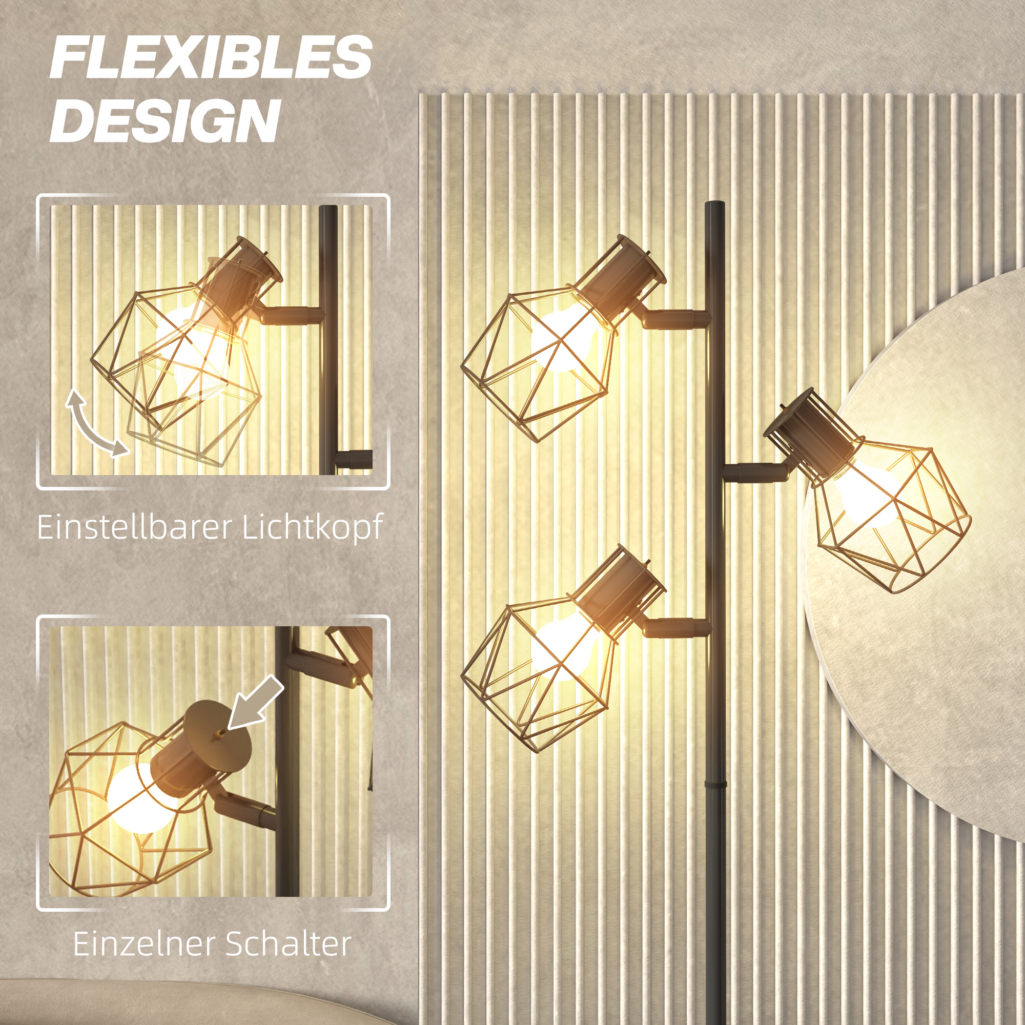 3-Licht-Stehlampe mit flexiblen Leuchtelementen, baumähnliche Struktur, für Wohnzimmer und Schlafzimmer, Metall, Schwarz