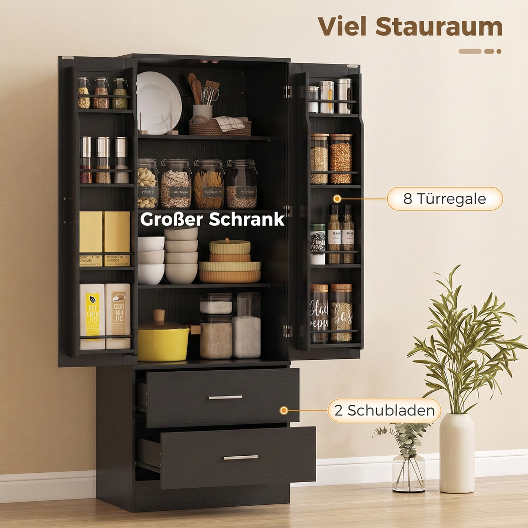 Vorratsschrank 8 Türablagen verstellbare Böden Küchenschrank 159 cm Schwarz