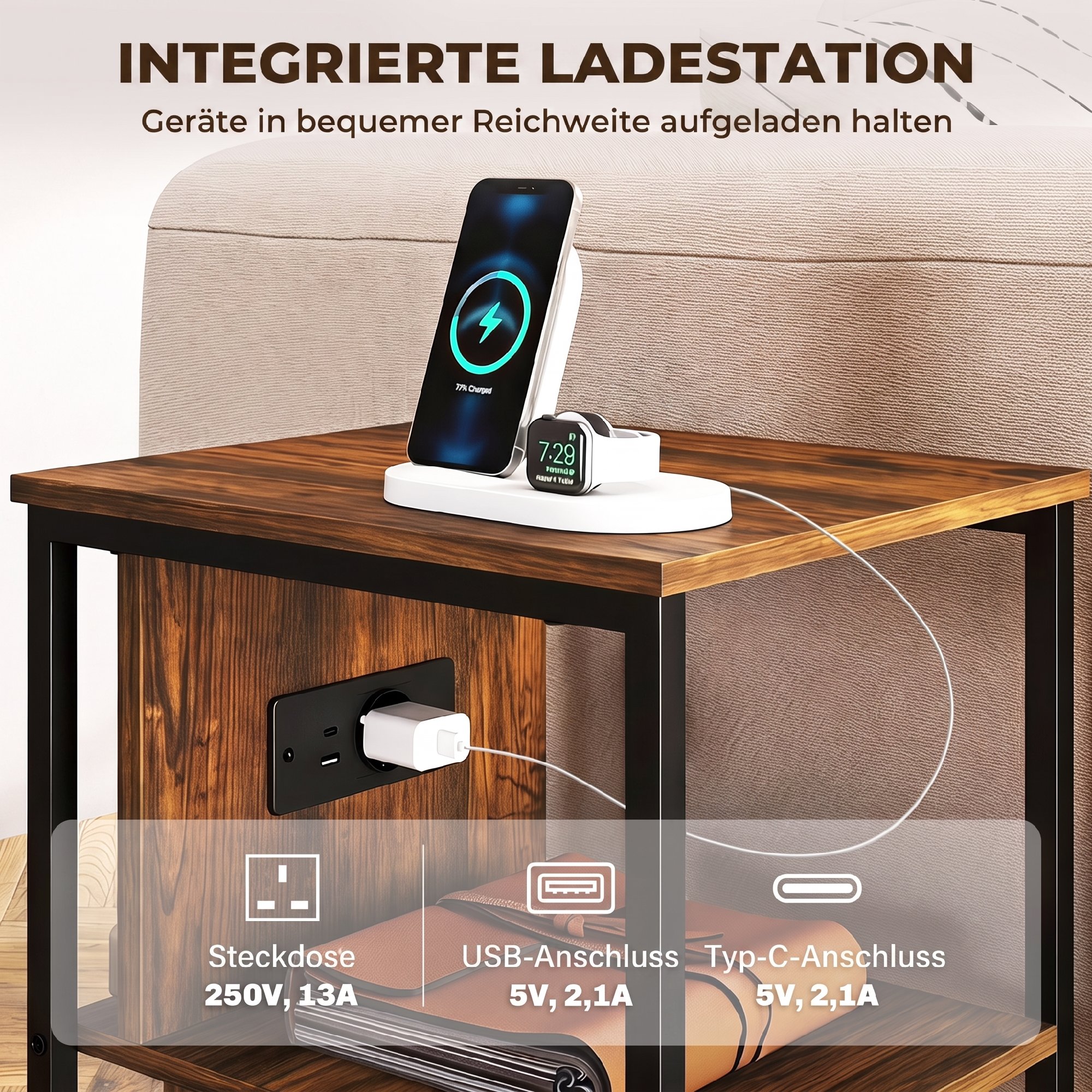 Beistelltisch mit Ladestation und 2 offenen Ablagen, Tigerholz-Optik