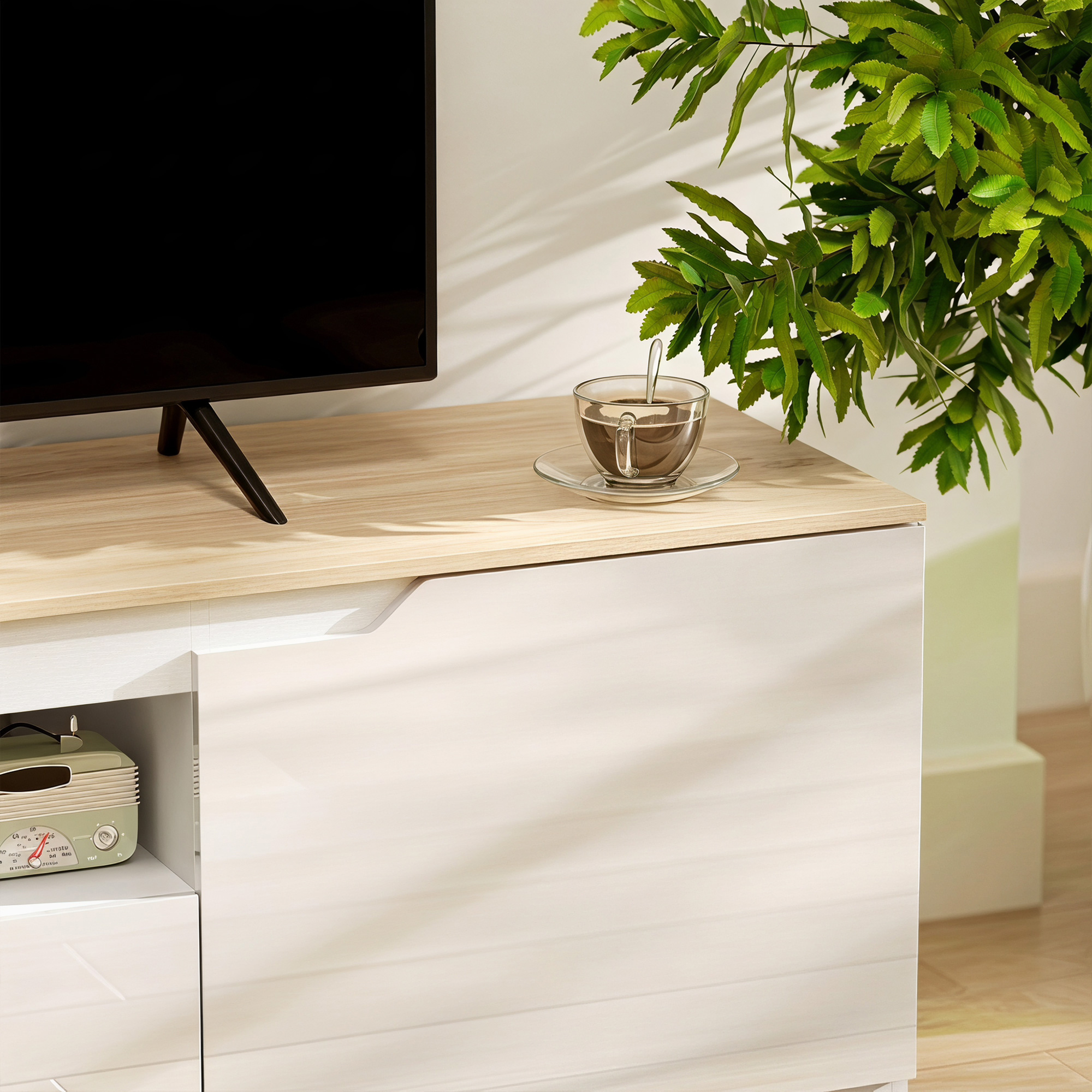 TV-Lowboard, Hochglanz, für Fernseher bis 65'', 3 Fächer, Schublade, 160 x 38 x 43 cm, Naturholz