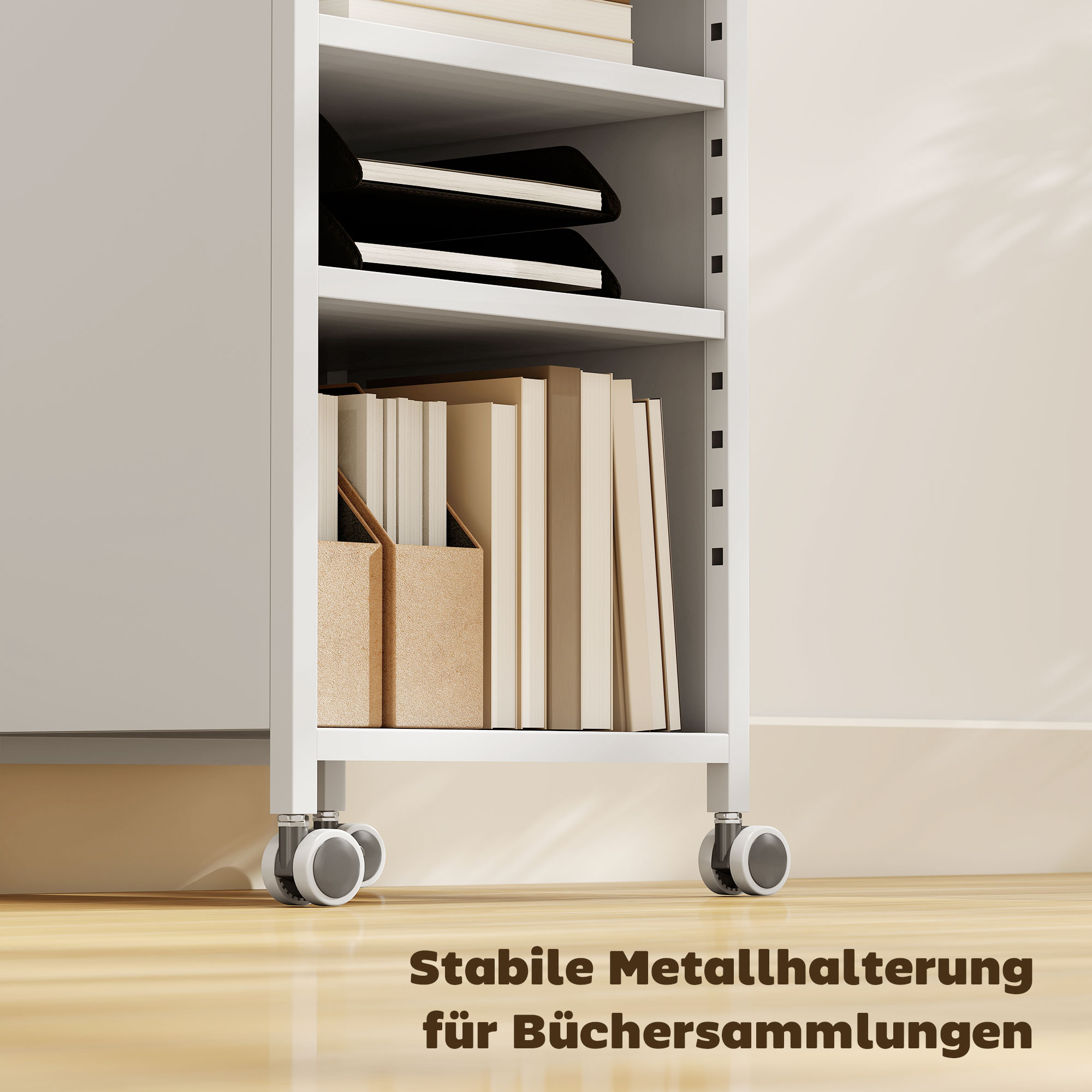Bücherregal mobil mit verstellbaren Regalen, 3-stufiger Rollwagen mit oberem Korb, Weiß