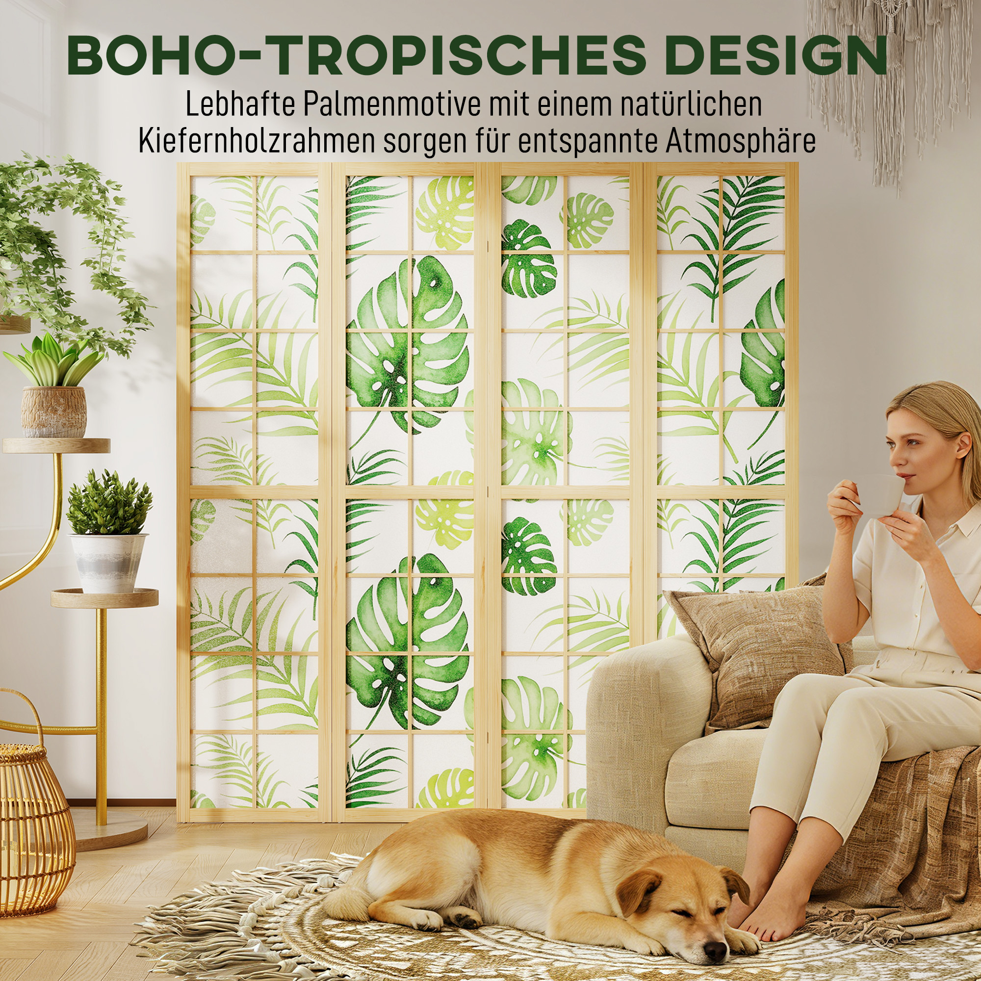 4-teiliger Raumtrenner, faltbar, Boho-Design, tropisches Motiv, freistehender Raumteiler, Holzrahmen, Grün