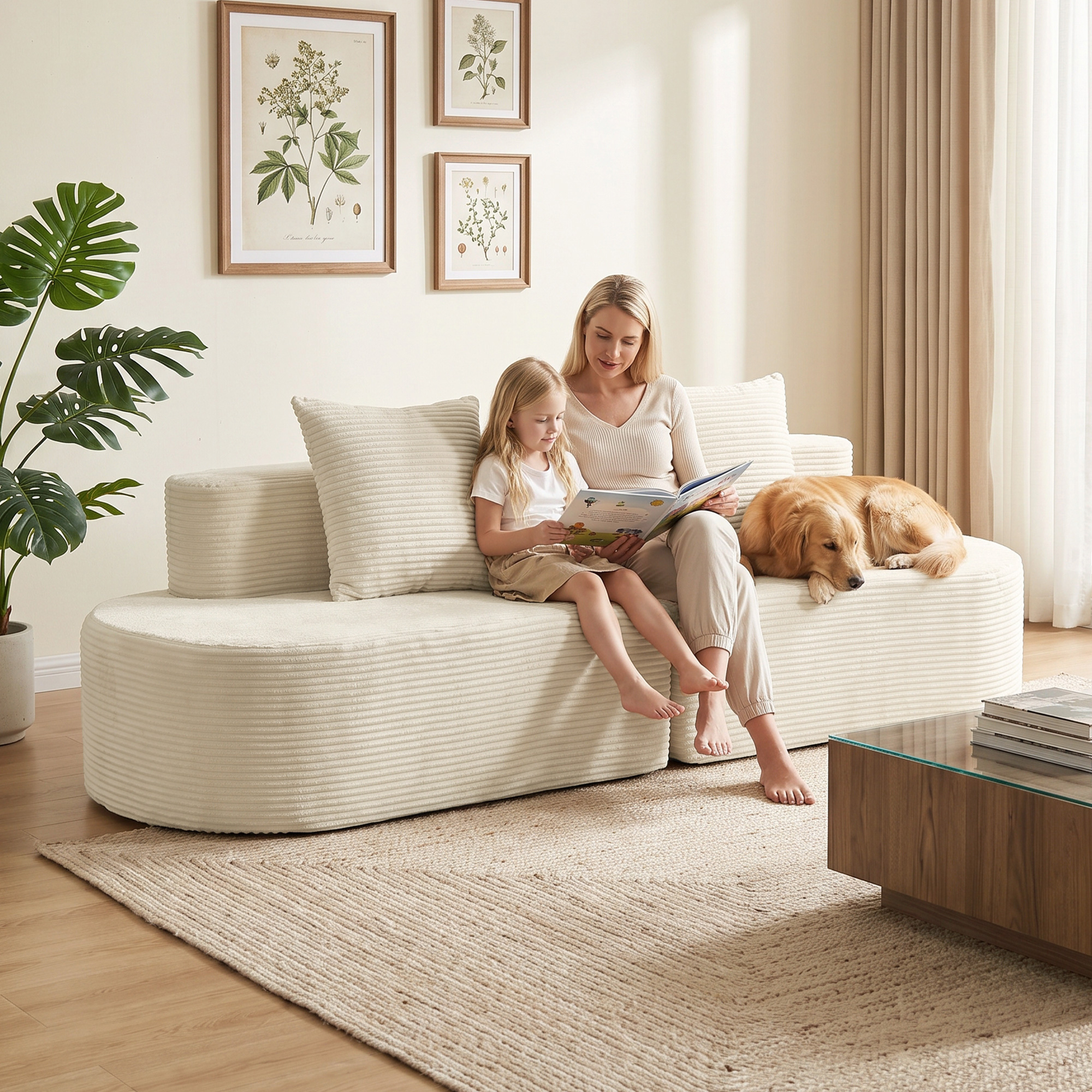 3-Sitzer-Sofa, modulares Cloud-Sofa ohne festen Rahmen, breite & tiefe Sitzfläche, Federpolsterung, Kordbezug, Beige