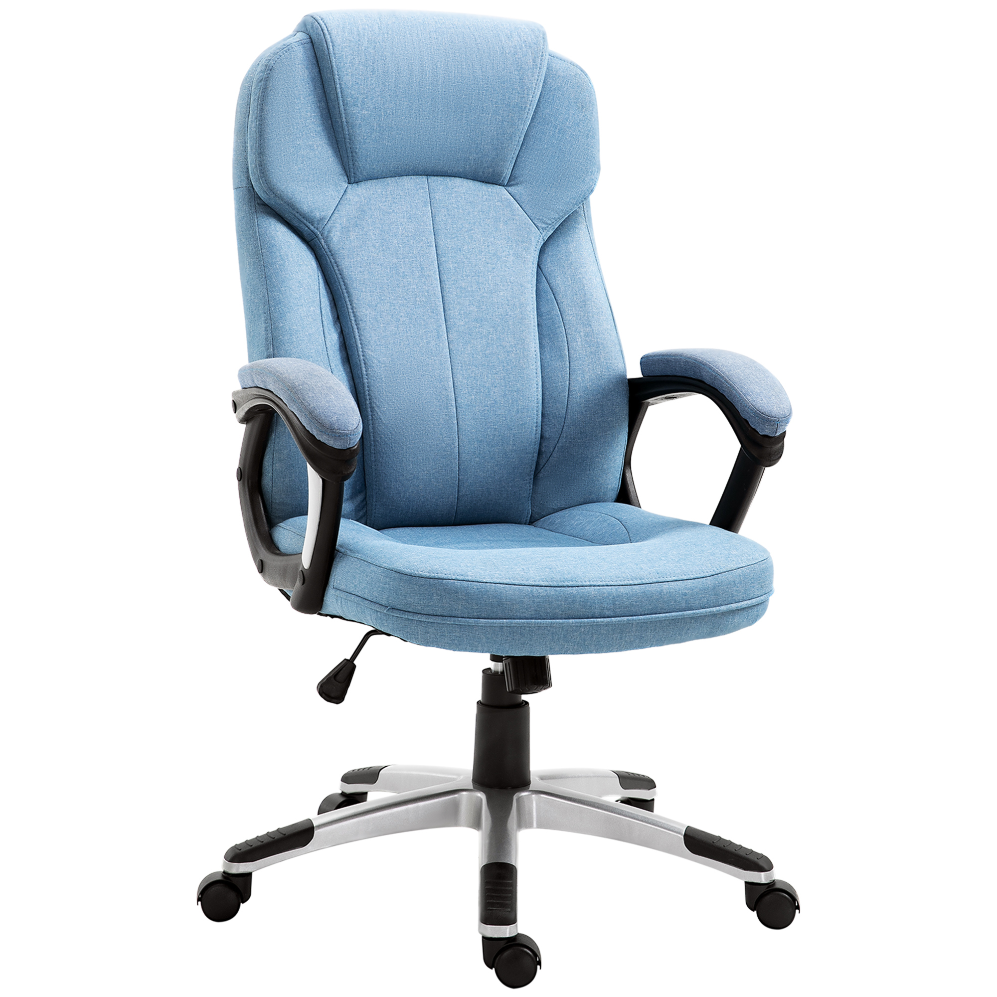 Bürostuhl Computerstuhl Drehstuhl höhenverstellbar Wippfunktion mit Kopfstütze und gepolsterte Armlehnen Ergonomisch Hellblau Leinen 66 x 75 x 110–120 cm