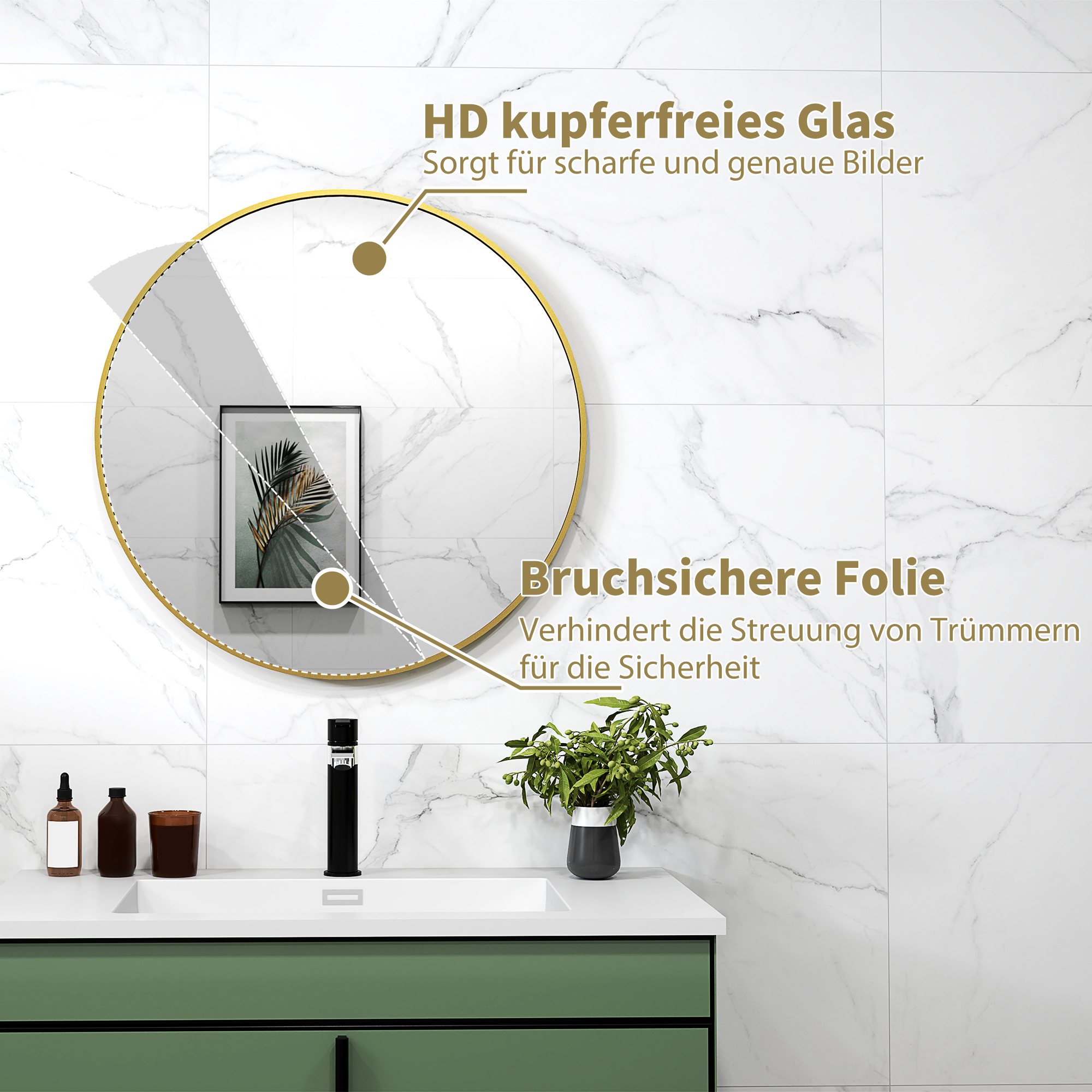 70 x 70 cm runder Badezimmerspiegel, Wandmontage, goldfarbener Rahmen