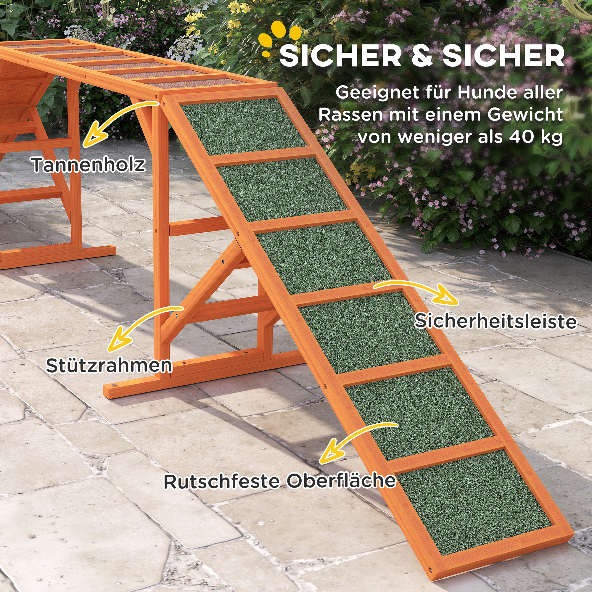 Agility Hunderampe, Parcours, rutschfest, wetterfest, Holz, 335 x 55 x 60 cm, Orange