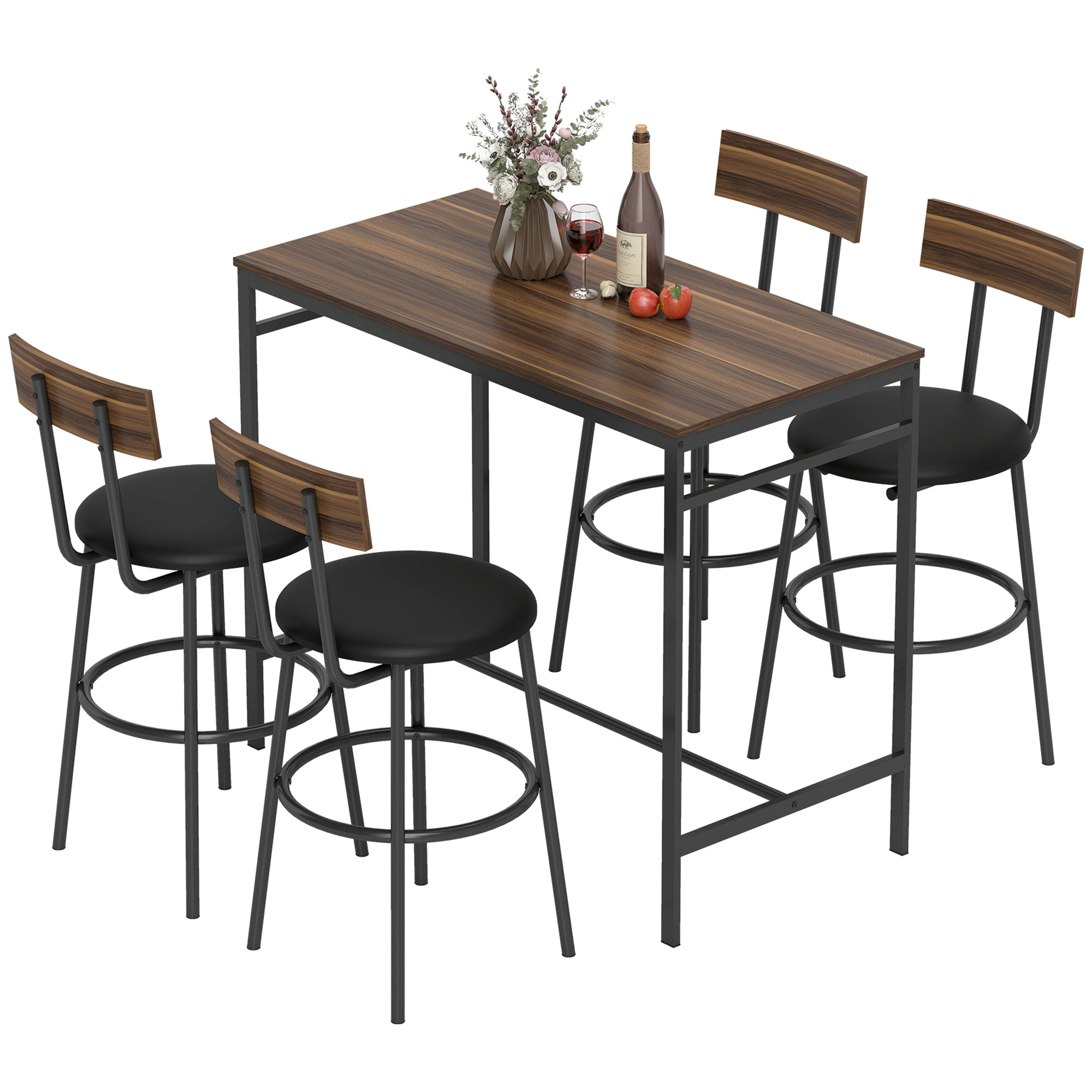 5-teiliges Bartisch-Set mit 4 Stühlen, Industrielles Design, für Küche, Esszimmer, Holz, Stahl, Braun 5-teiliges Bartisch-Set mit 4 Stühlen, Industrielles Design, für Küche, Esszimmer, Holz, Stahl, Braun