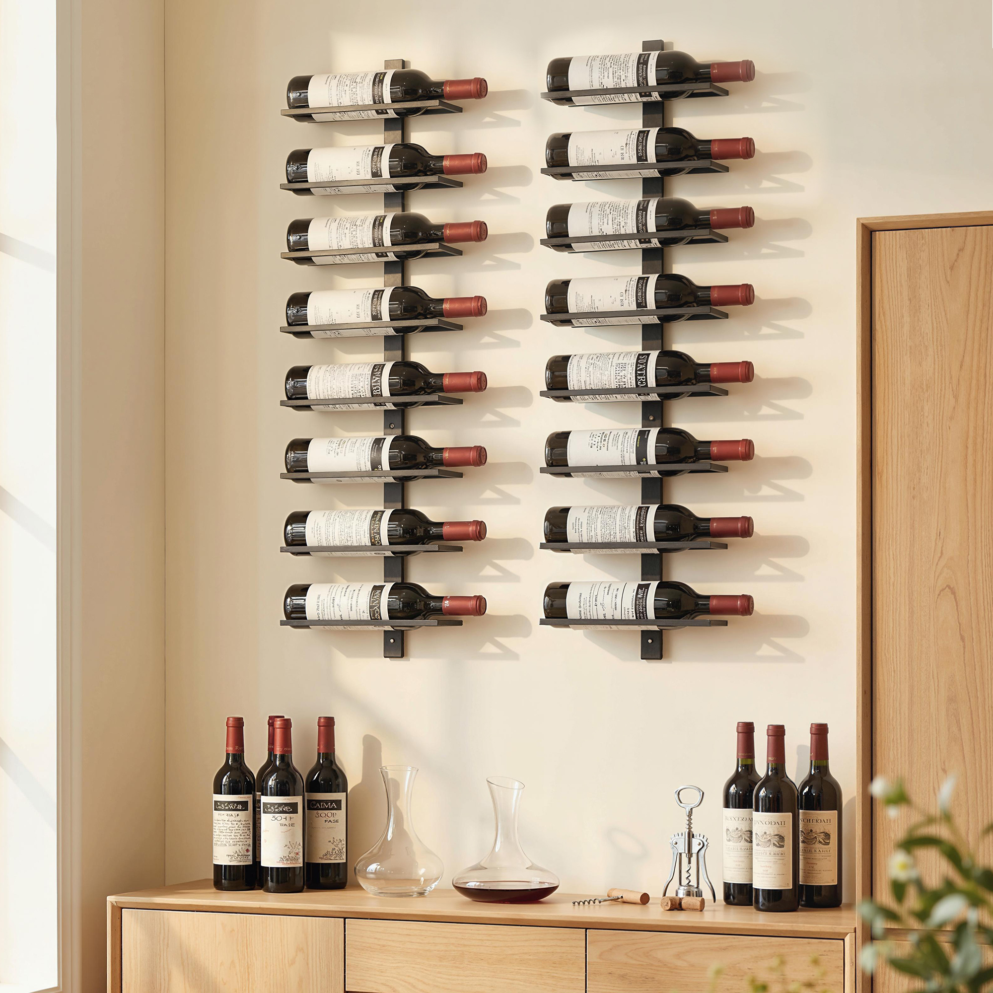 Weinregal, Wandregal für 8 Flaschen Wein, 8 Ebenen, Stahlrohr, für Küche, Wohnzimmer, Hausbar, Schwarz