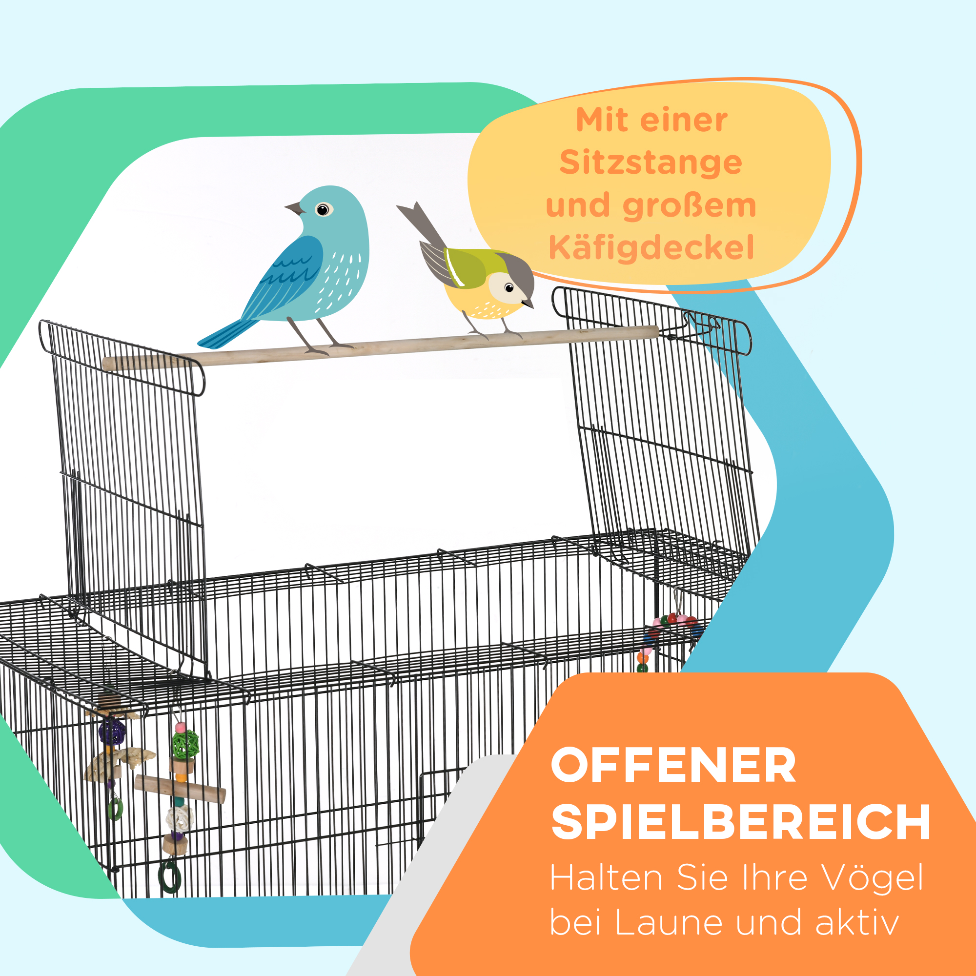 Vogelkäfig inklusive Sitzstangen, Vogelspielzeug, herausnehmbare Bodenwanne, Schwarz