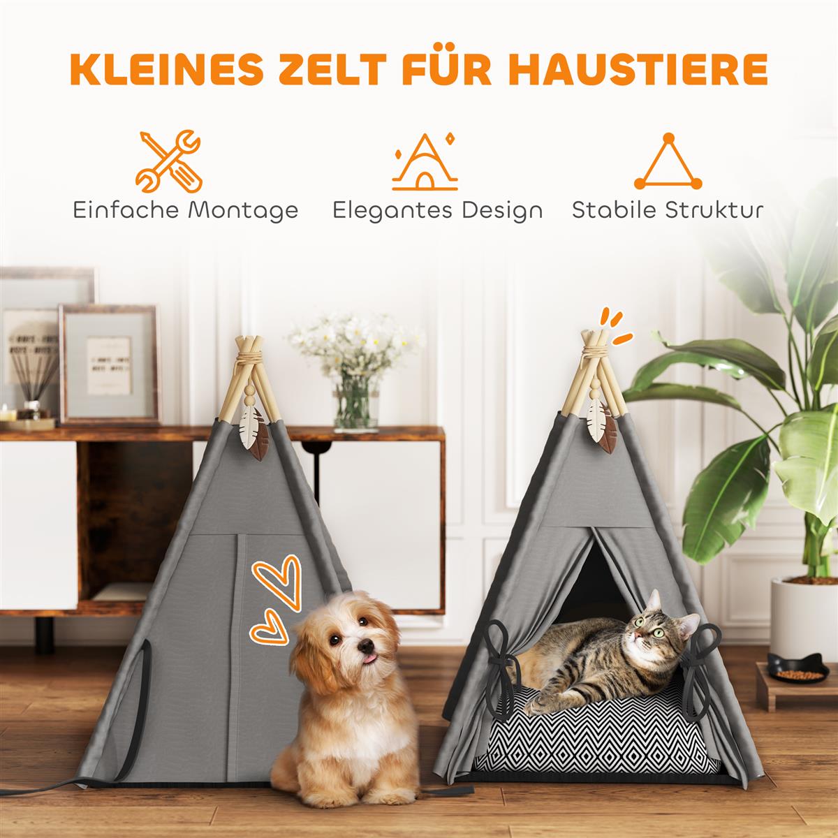 Tipi-Zelt für Haustiere, Tierbett im Tipi-Design, Katzenzelt mit Kissen, Hundebett zum Schlafen, Katzenbett, Grau