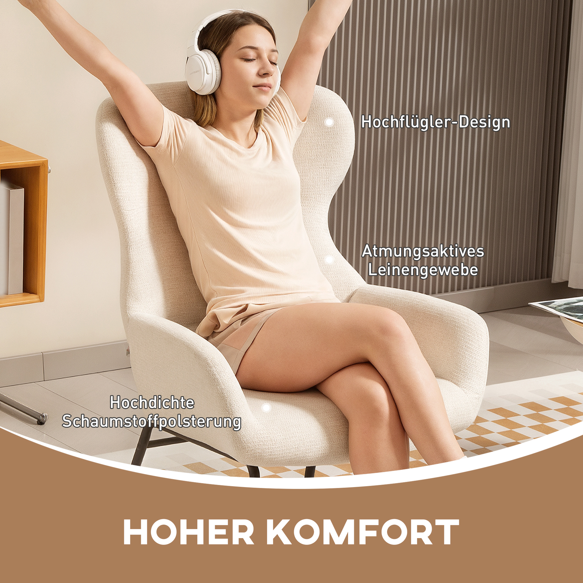 Moderner Polsterstuhl im Ohrenbacken-Stil, hohe Rückenlehne, dicke Polsterung, Stahlbeine, Cremeweiß