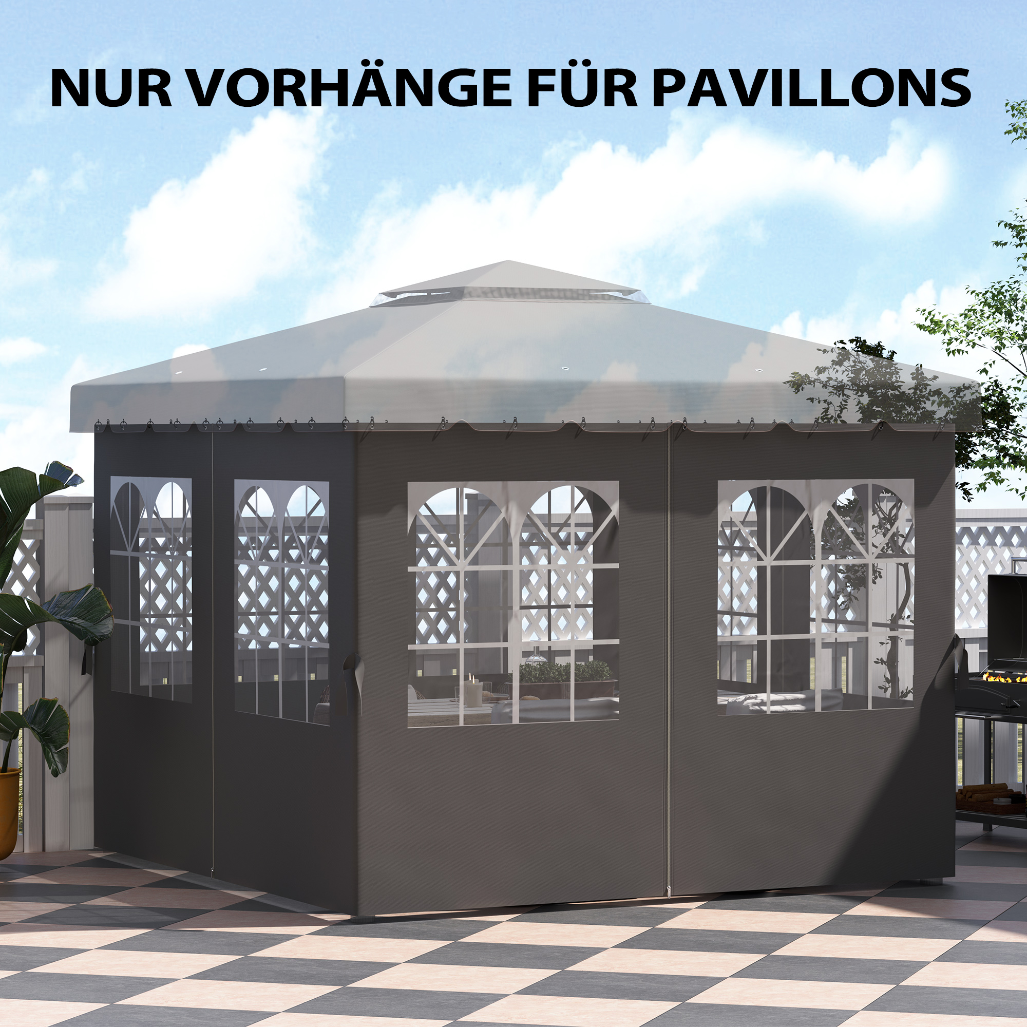 Pavillon-Seitenwände, 4 Seitenwand-Paneele für Gartenpavillon, mit Reißverschluss, 3 x 4 m Pavillon, Dunkelgrau