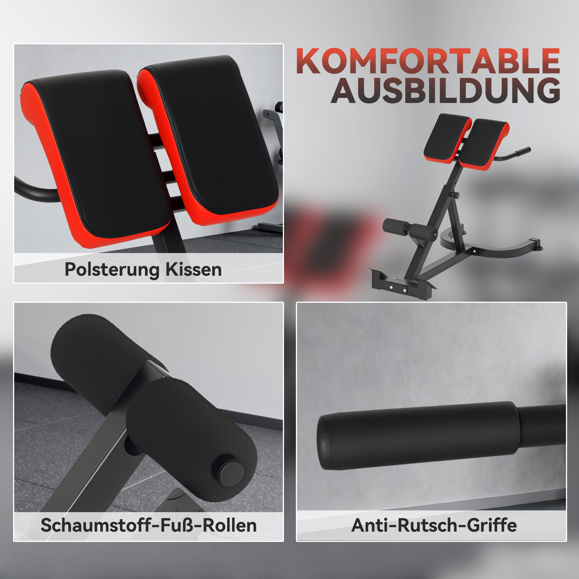 Trainingsstuhl, Fitnessbank, Hantelbank, Stahl, verstellbar, Griffe, Rot+Schwarz