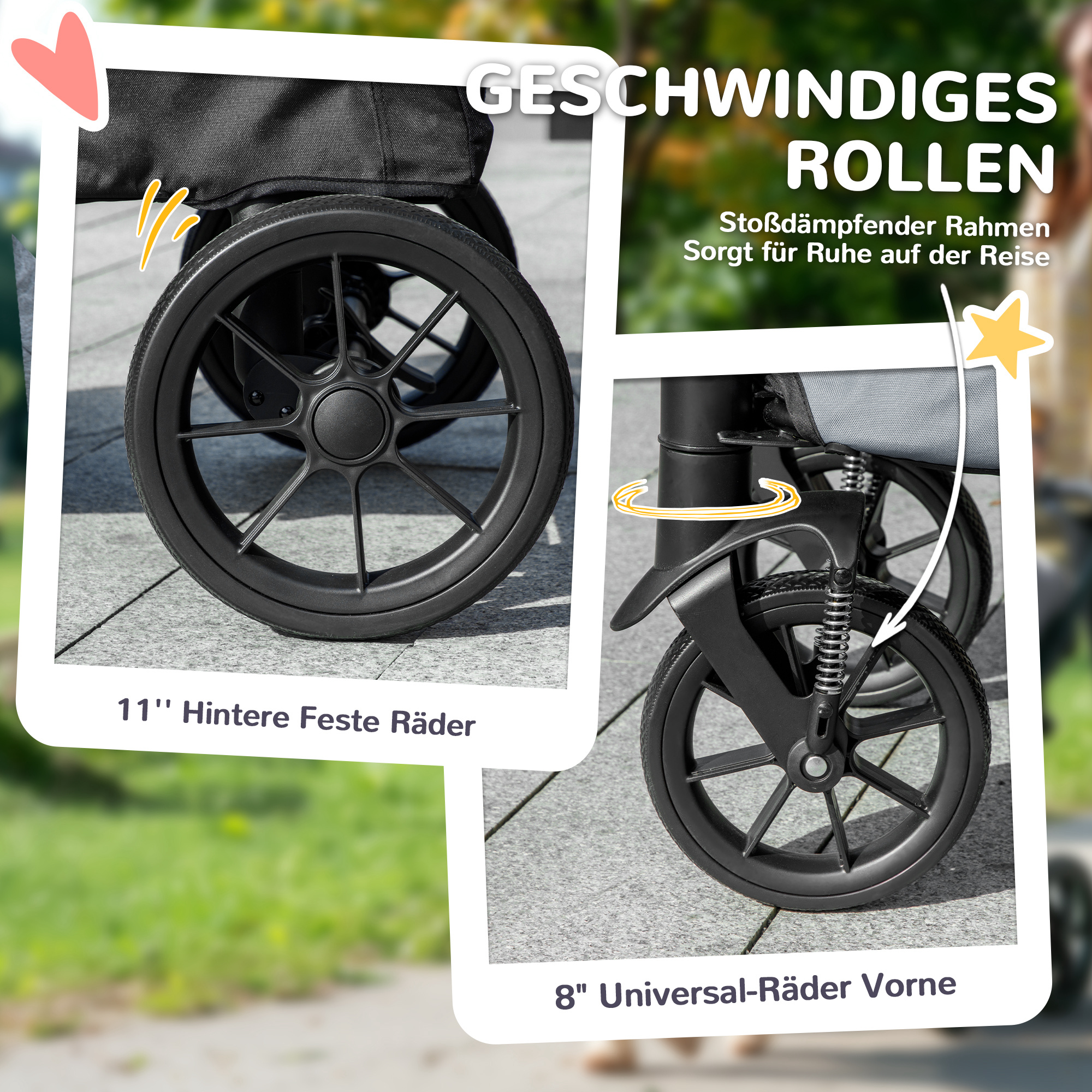 Hundewagen, Faltbarer Hundebuggy für große Hunde, Haustierwagen mit 4 Rädern, Sicherheitsleinen, Bremsen, Grau