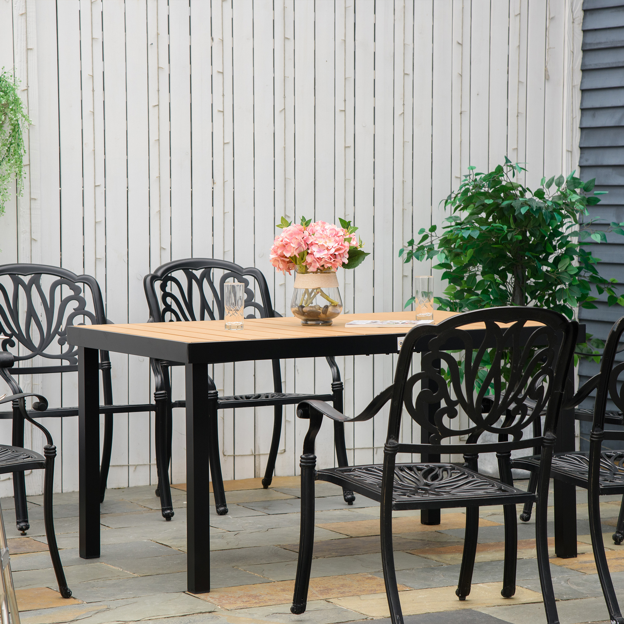 Gartentisch für 6 Personen Esstisch Aluminiumtisch Gartenmöbel Loungemöbel pflegeleicht Kunststoff Natur+Schwarz 140 x 90 x 74 cm