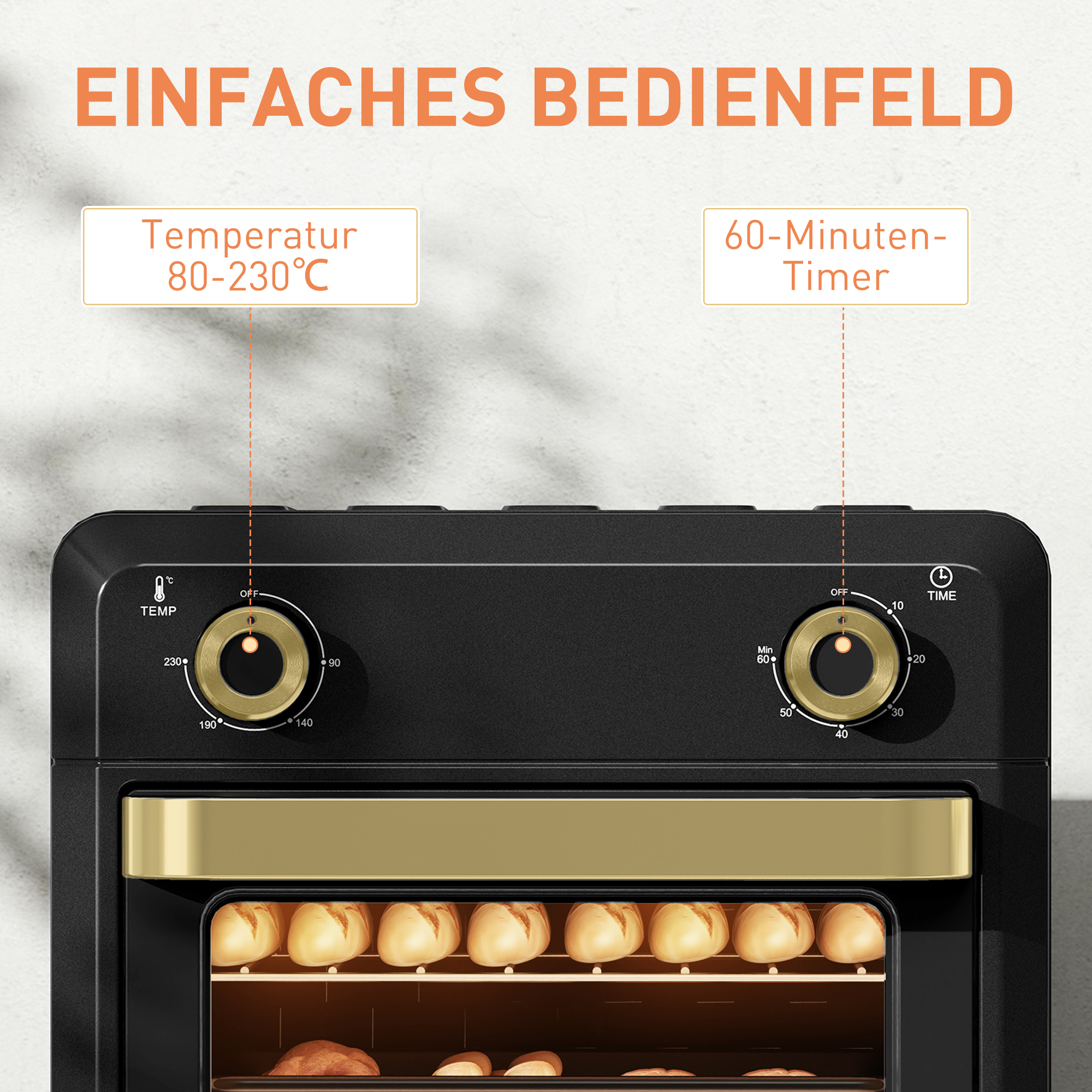 Minibackofen mit Umluft, Heißluftfritteuse, Timer, Innenbeleuchtung, 10L, Schwarz
