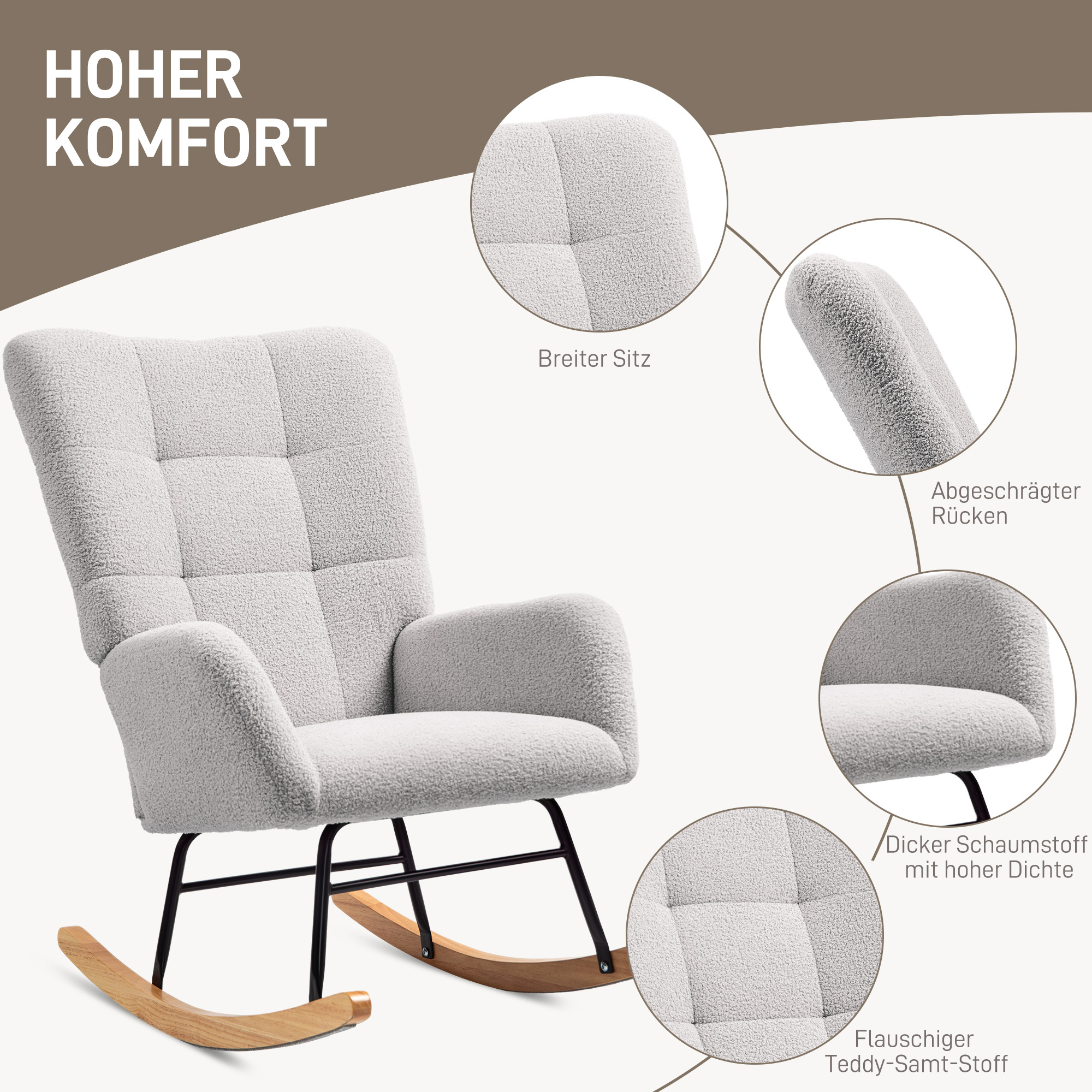 Schaukelstuhl, kuscheliger Bezug, dicke Polsterung, Hellgrau