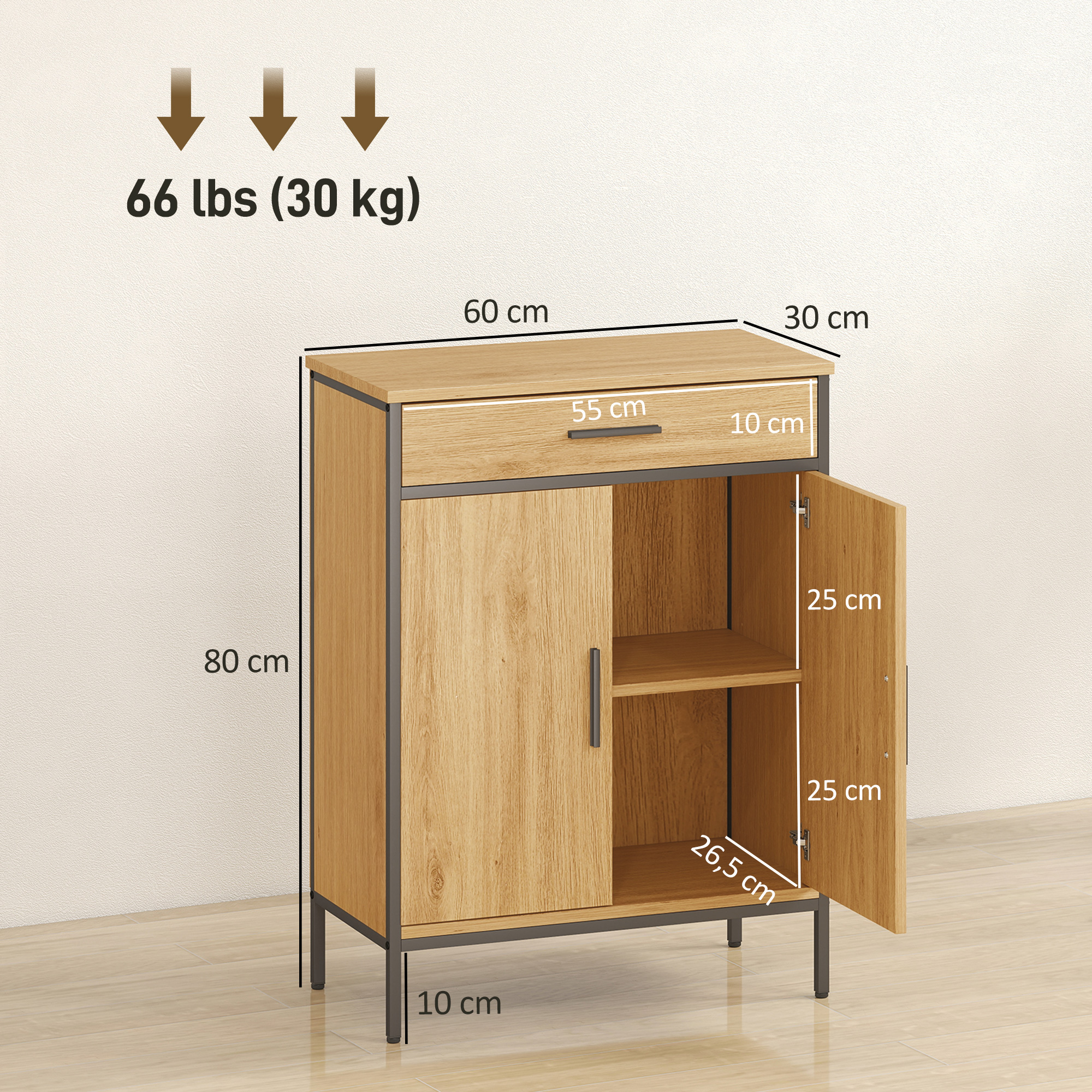 Badezimmerschrank, zweistufige Regale, große Schublade, Industriestil, Eichenoptik