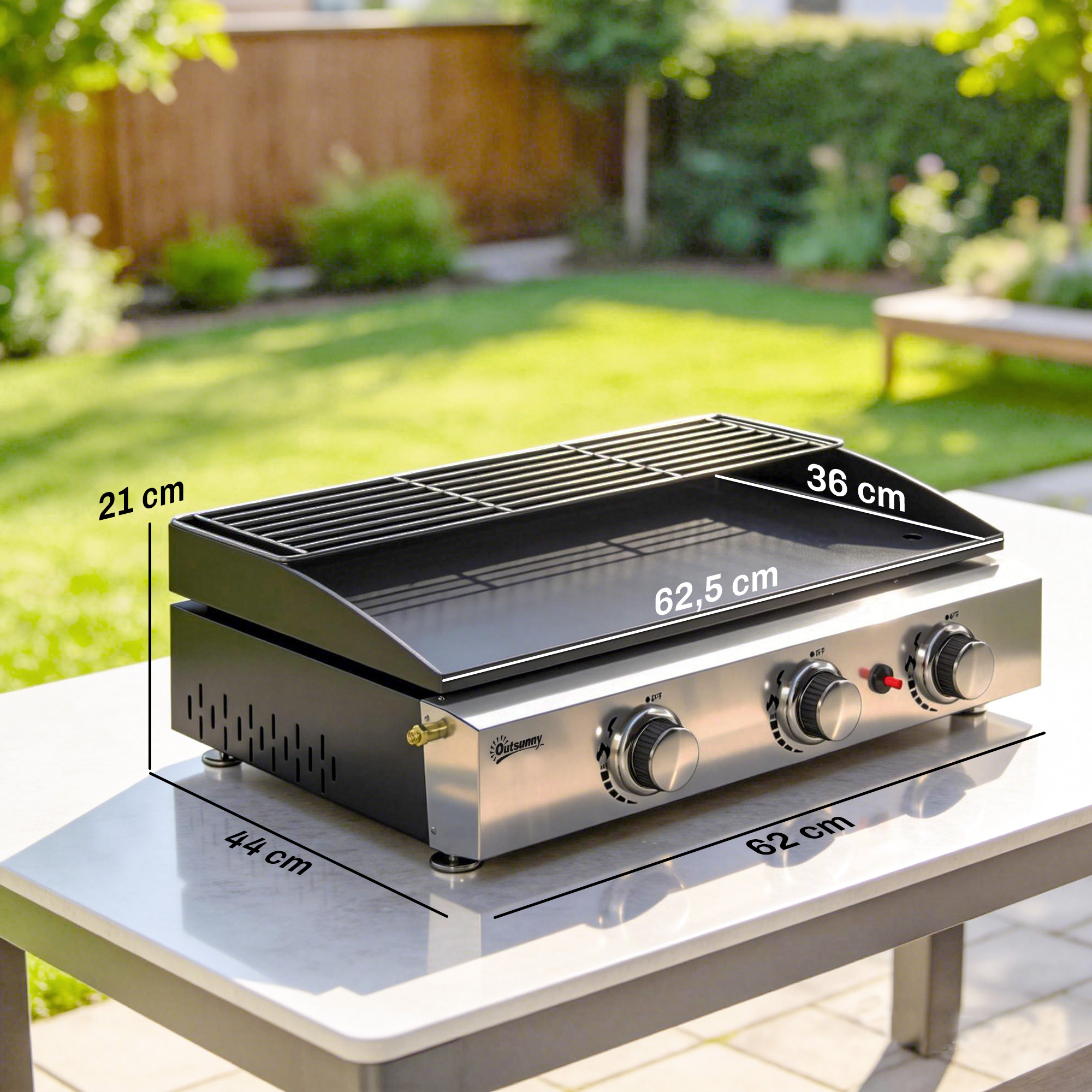 Gasgrill 7,5 KW Tragbarer Tischgrill mit 3 Brenner Keramische Lackbeschichtung Grillrost Warmhalterost