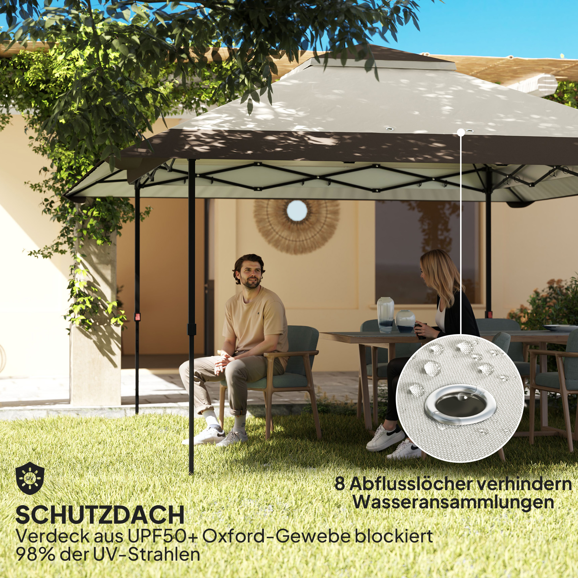 4 x 4 m Garten-Pavillon, Gartenzelt mit Netzwänden, UPF50+ Schutz, Höhenverstellbares Partyzelt, Beige