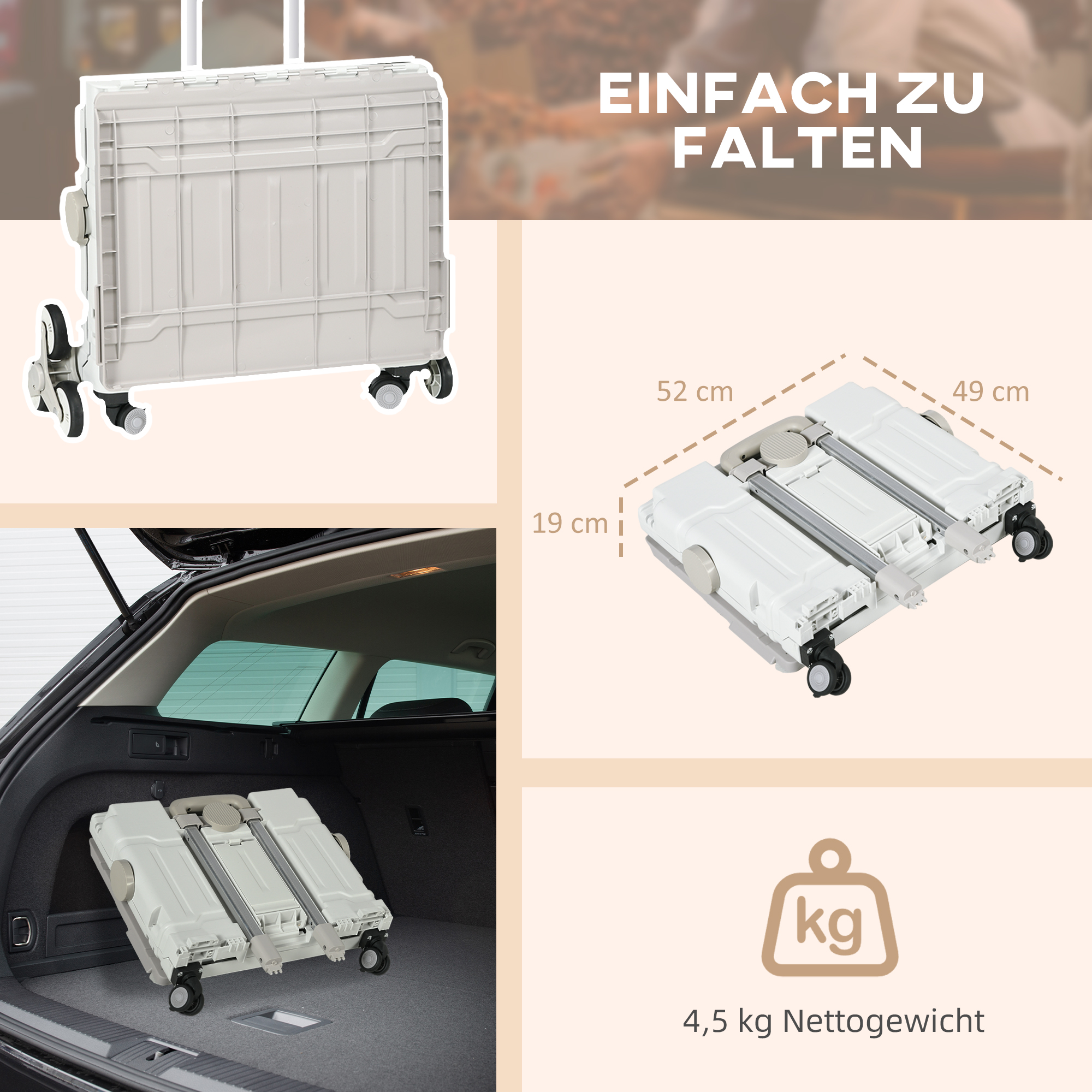 Einkaufstrolley Treppensteiger Mobile Transportbox,  klappbar, Teleskopgriff, bis max. 65 Kilo belastbar, Weiß