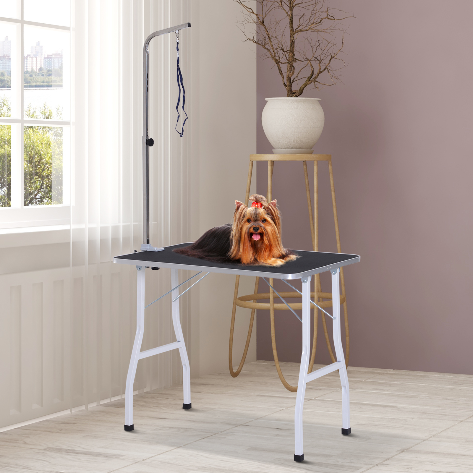 Trimmtisch für Hunde Hundepflegetisch klappbar, Haustierpflegetisch mit höhenverstellbarem Galgen, Schlingen, rutschfest Oberfläche, Schertisch bis 150 kg, 91,5 x 61,5 x 76 cm, Schwarz