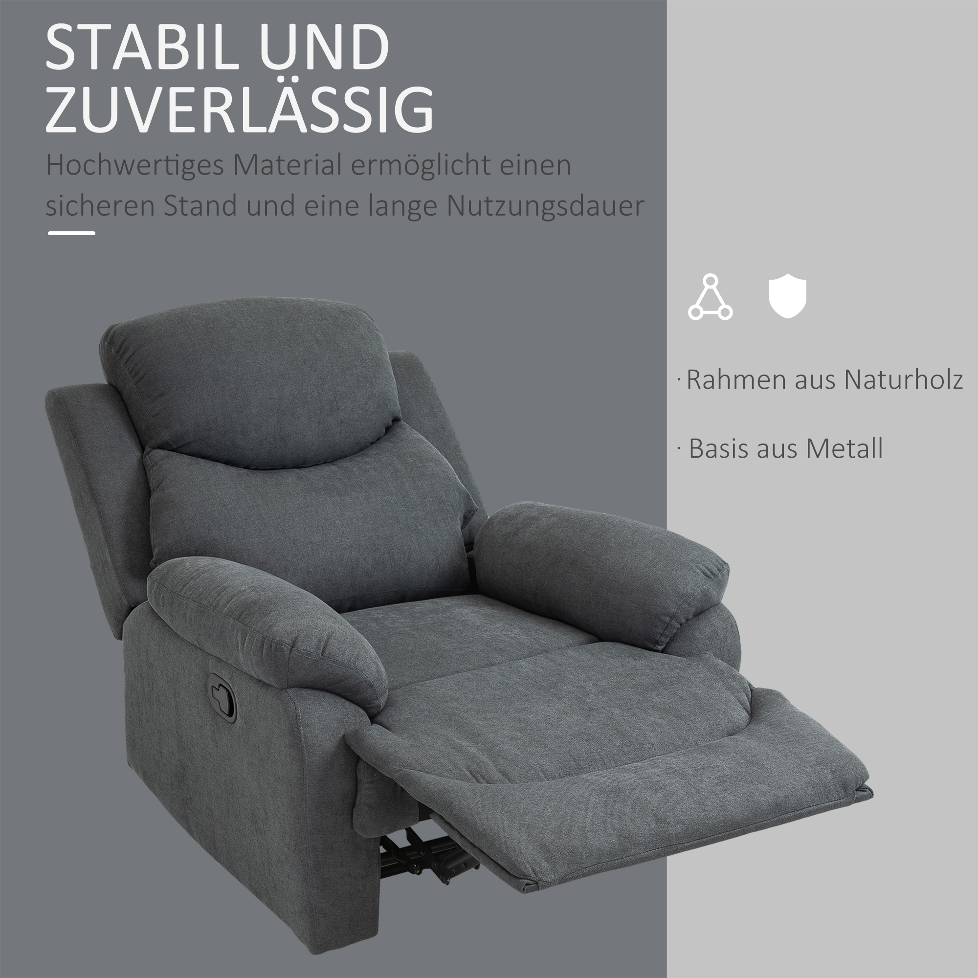 Sessel mit Liegefunktion für Wohnzimmer, 150° neigbar, Leinenoptik, Dunkelgrau