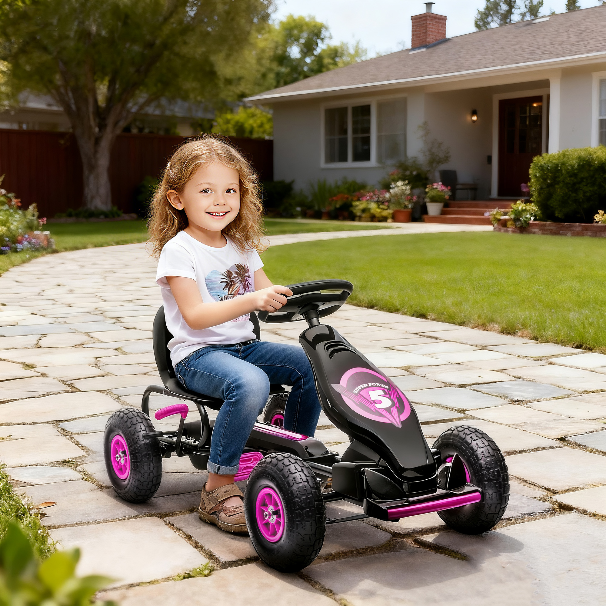 Kinder-Gokart, mit Pedalen, verstellbarem Sitz, In- und Outdoor, ab 5 Jahren, Rosa+Schwarz, 121 x 58 x 61 cm