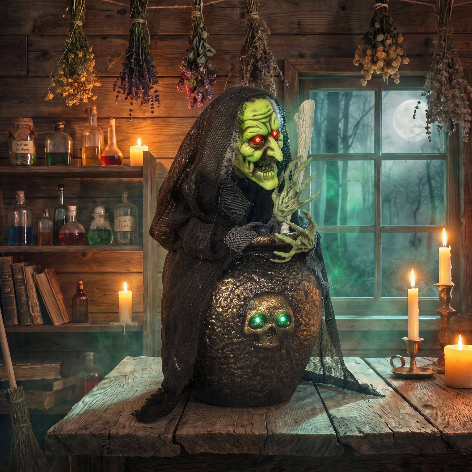 animierte Halloween-Tischhexe mit Lachsound, leuchtenden Augen und Sound-/Touch-Aktivierung
