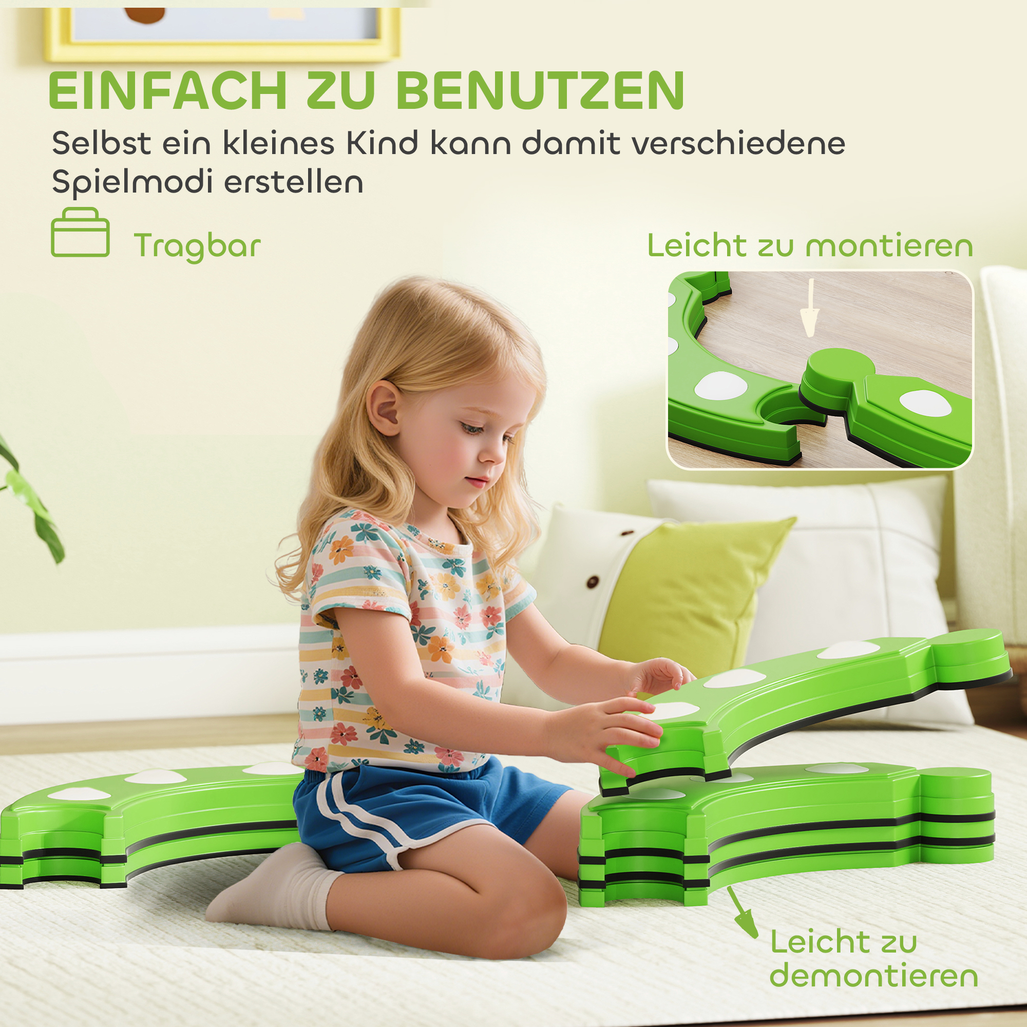 Balancebalken, 6 gebogene Segmente, sensorische Erhebungen, 50 kg Tragkraft, Grün