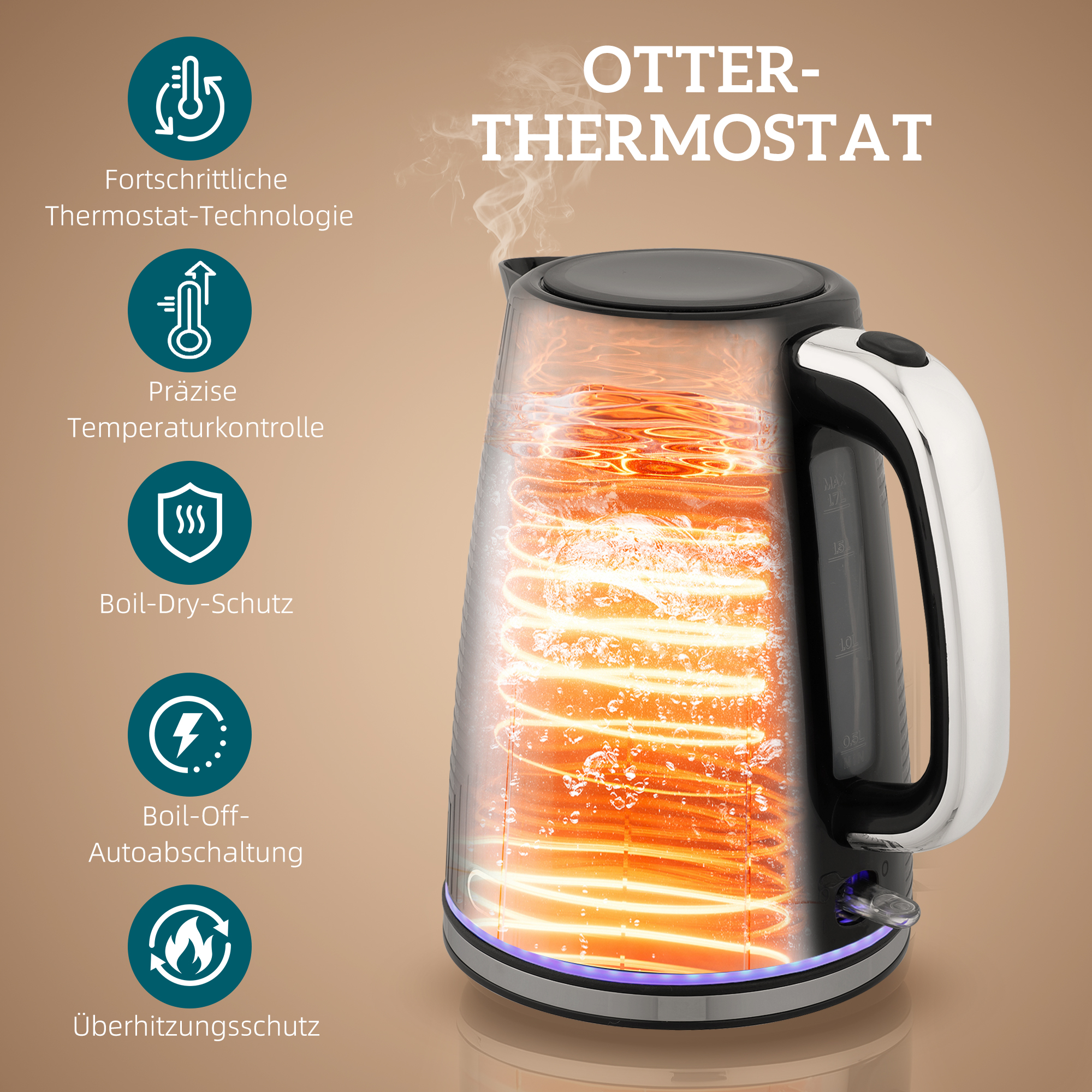 Wasserkocher- und Toaster-Set, 2200W, Otter-Thermostat, 2-Schlitz-Toaster, 7 Bräunungsstufen, Krümelfach, Schwarz