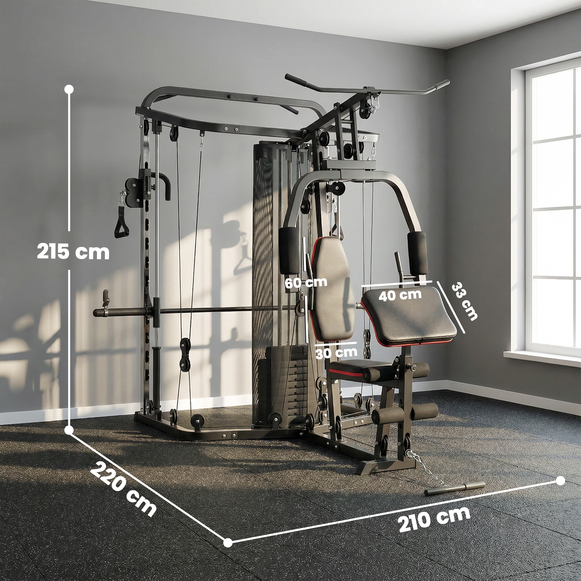Kraftstation Fitnessstation mit 65kg Gewichten, Latzug, Butterflystange, verstellbar Preacher Bank, Beintrainer